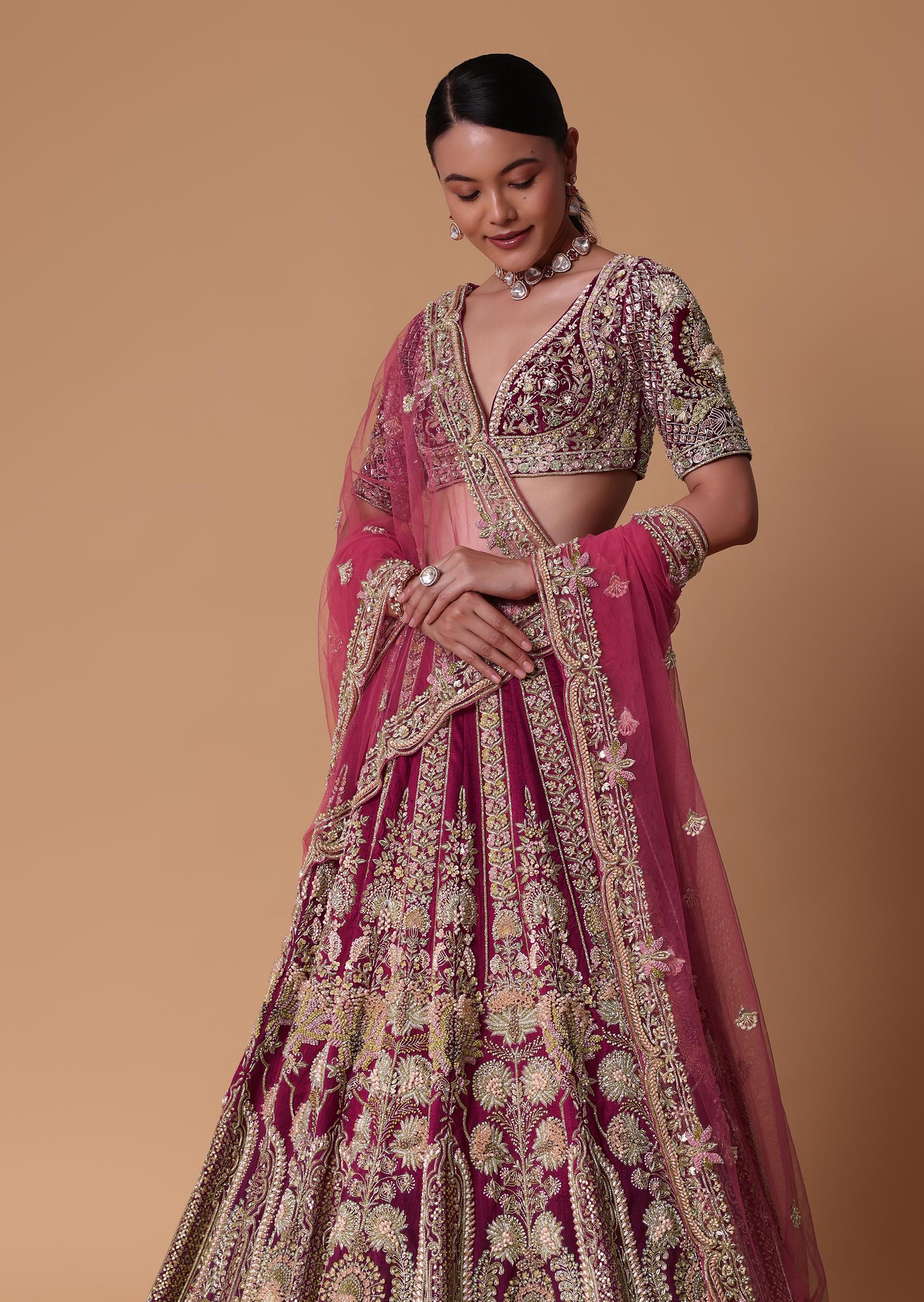 Red Velvet Raw Silk 16 Kali Zardosi Lehenga With Pearl Blouse Set - Image 4