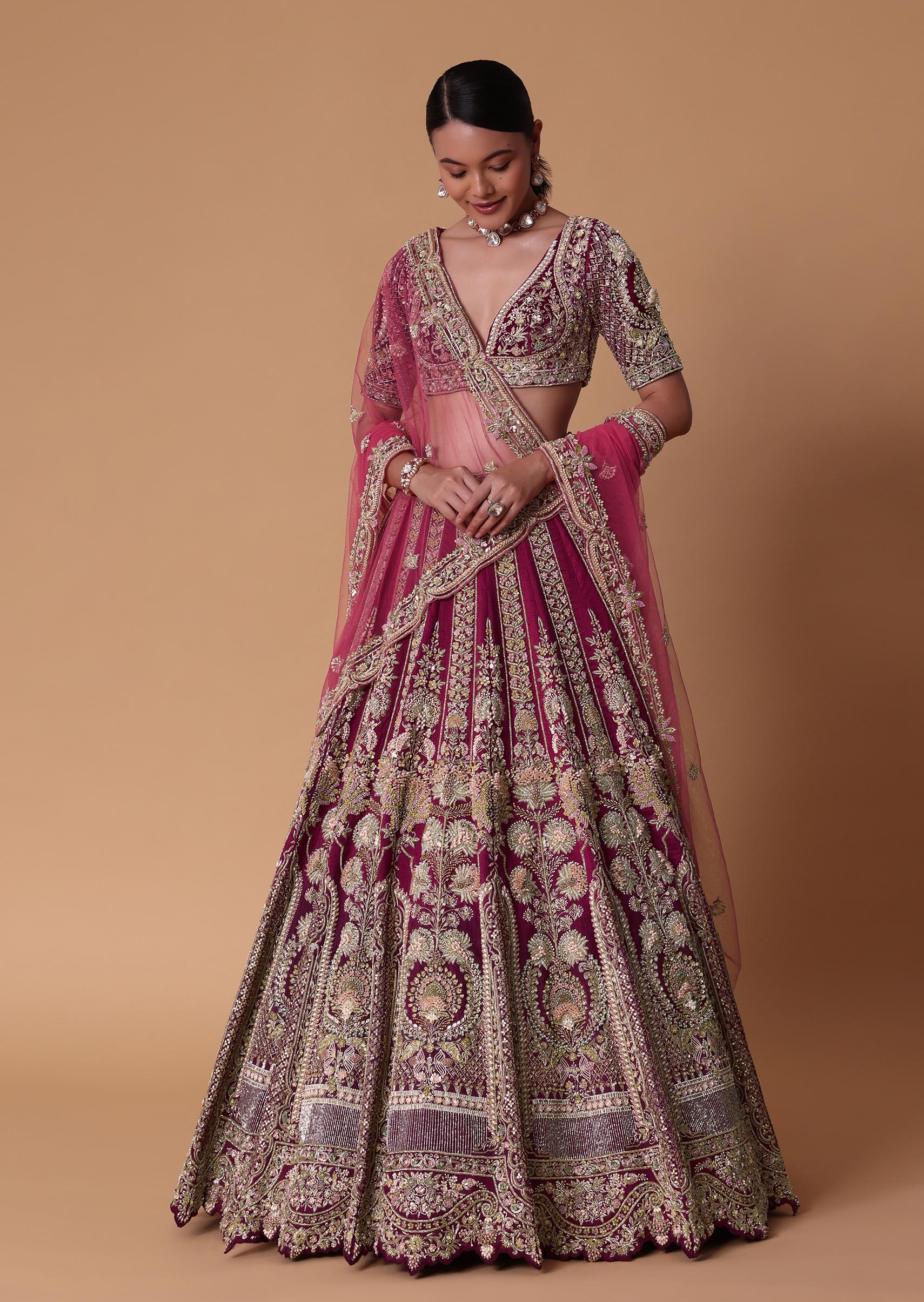 Red Velvet Raw Silk 16 Kali Zardosi Lehenga With Pearl Blouse Set - Image 5