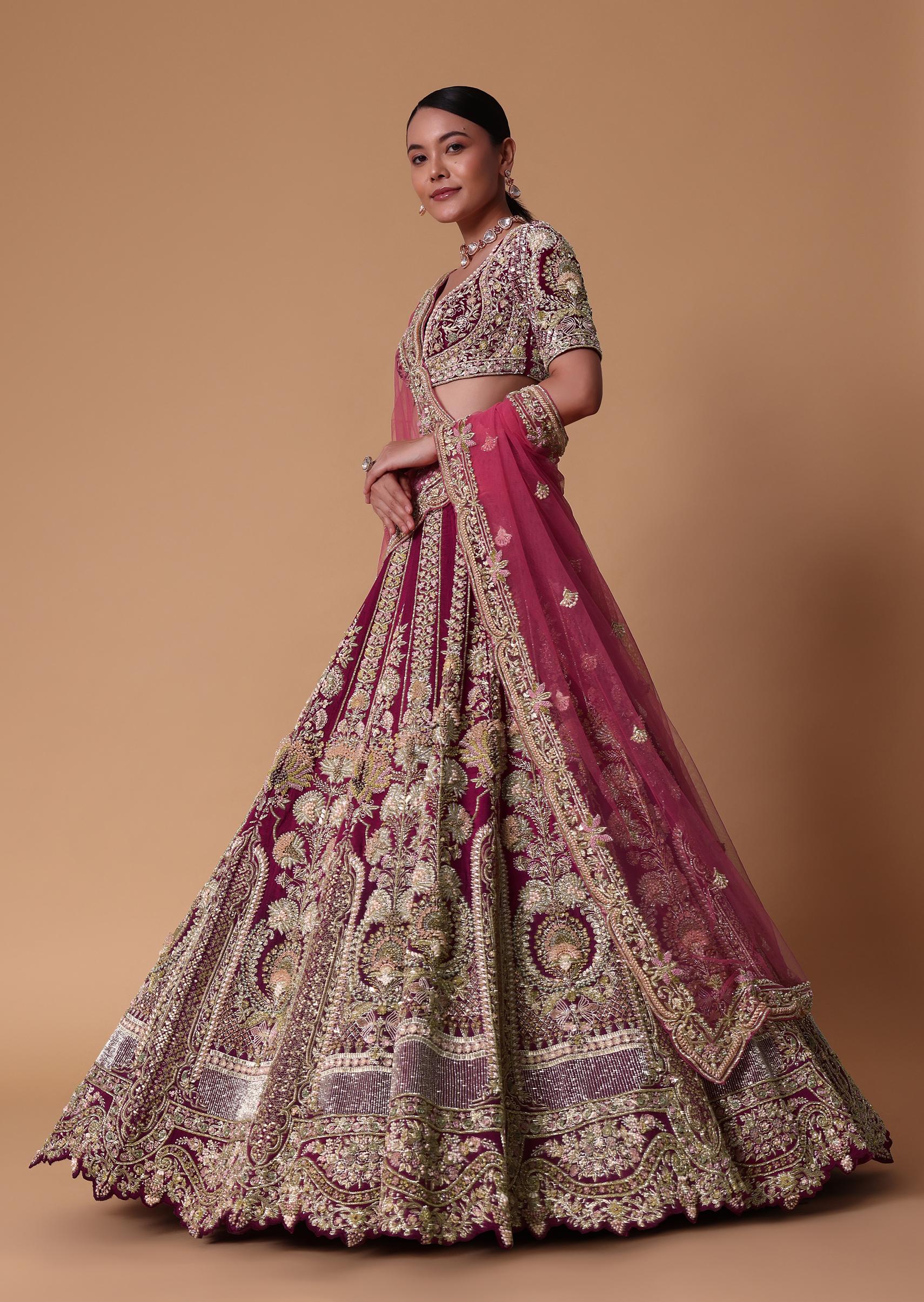 Red Velvet Raw Silk 16 Kali Zardosi Lehenga With Pearl Blouse Set - Image 7