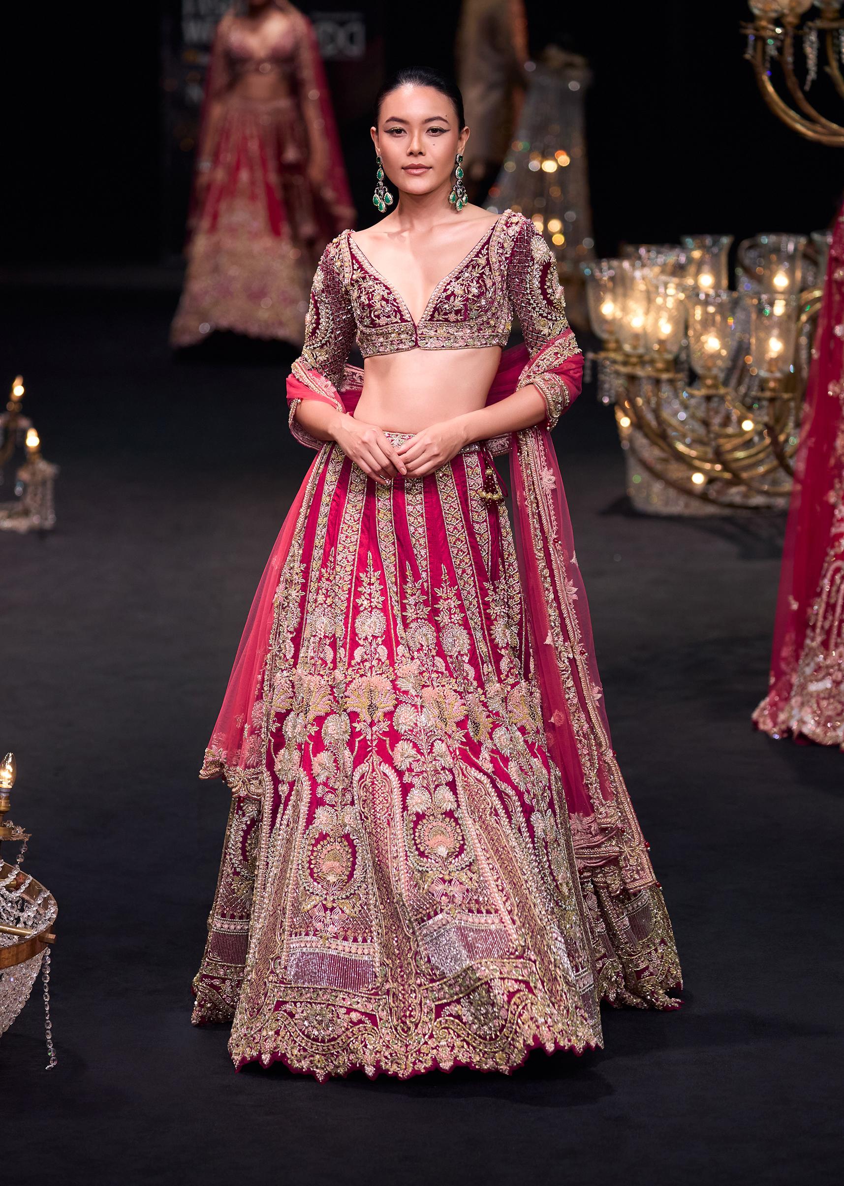 Red Velvet Raw Silk 16 Kali Zardosi Lehenga With Pearl Blouse Set - Image 9