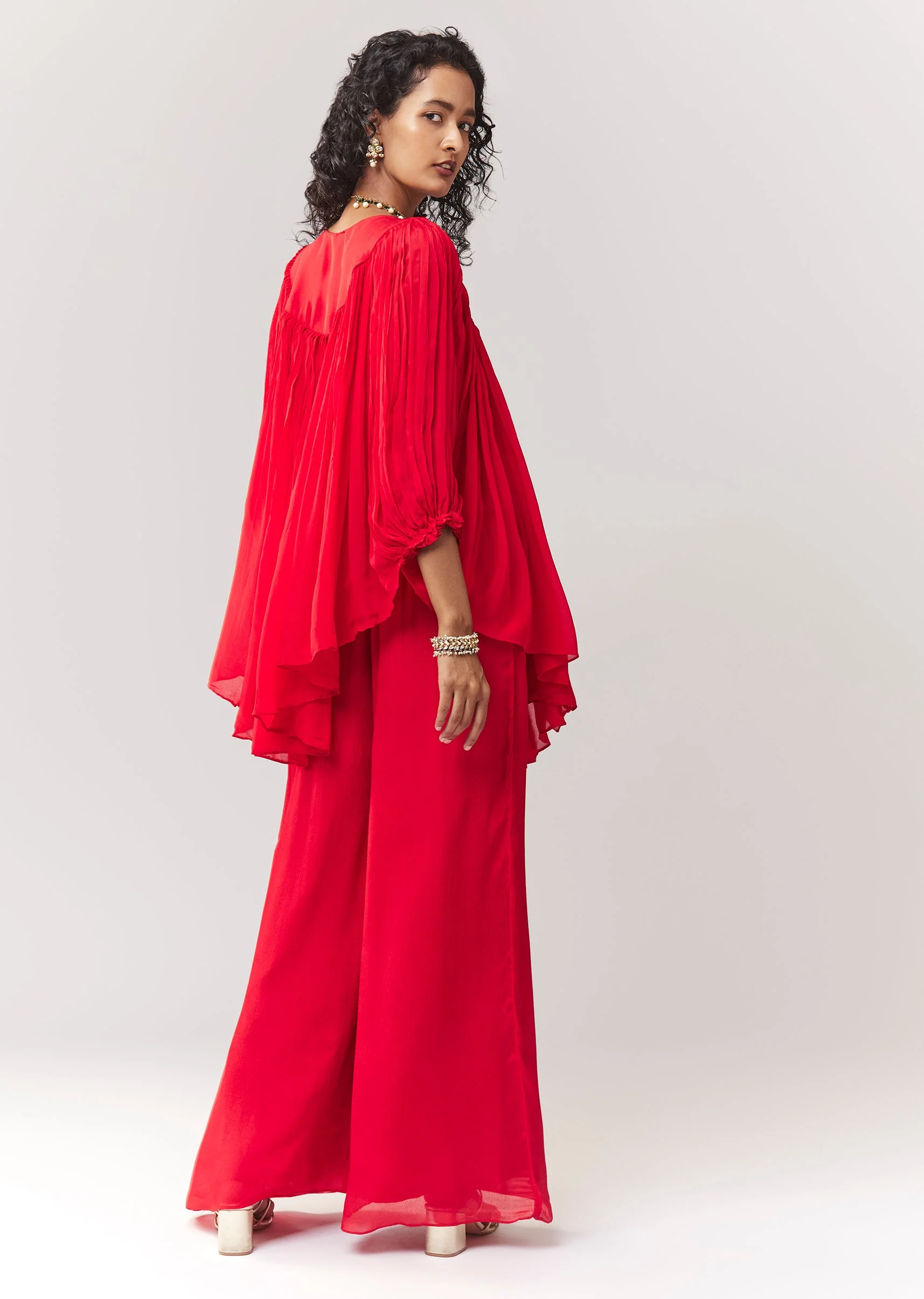 Red Zardosi And Thread Work A line Cape Set With Palazzo - Image 5