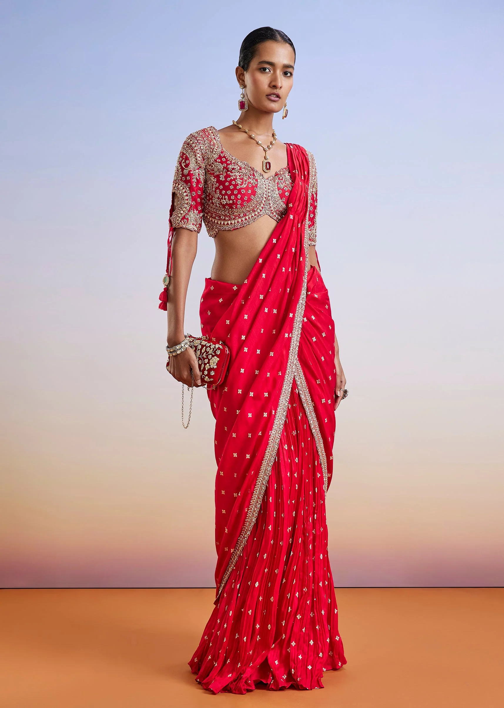Red Zardosi Embroidered Ready Pleated Saree With Blouse - Image 3