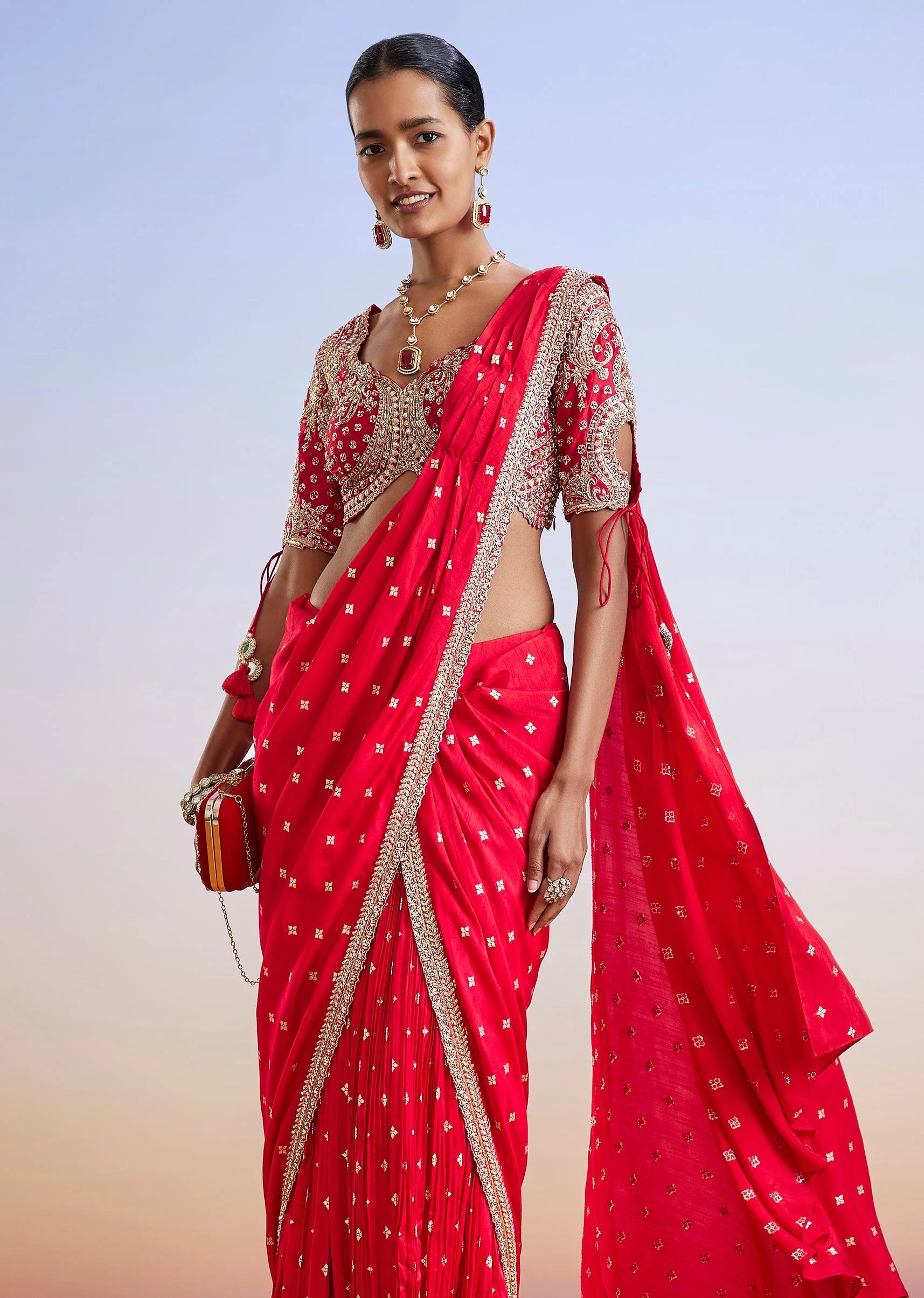 Red Zardosi Embroidered Ready Pleated Saree With Blouse - Image 4