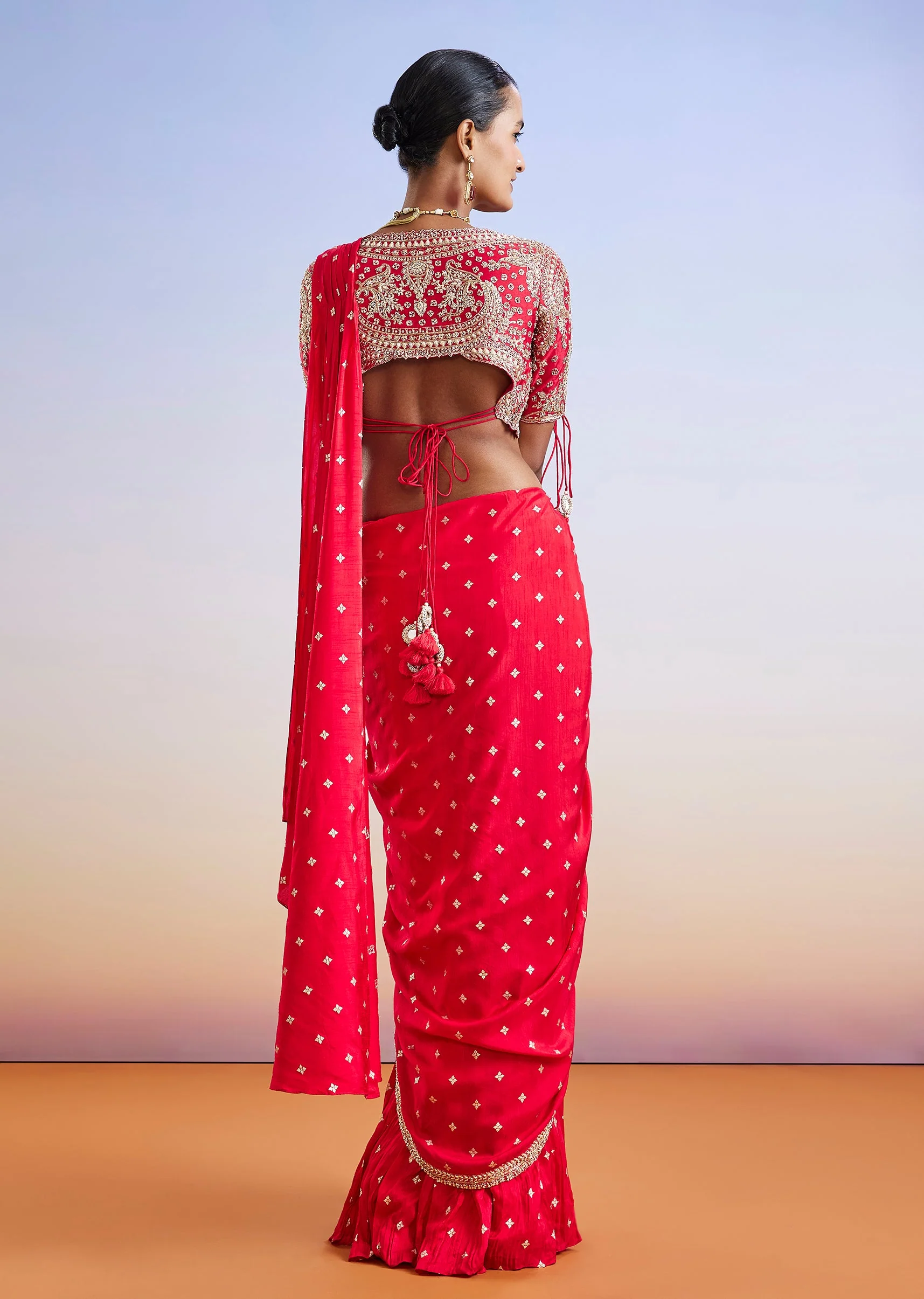 Red Zardosi Embroidered Ready Pleated Saree With Blouse - Image 5