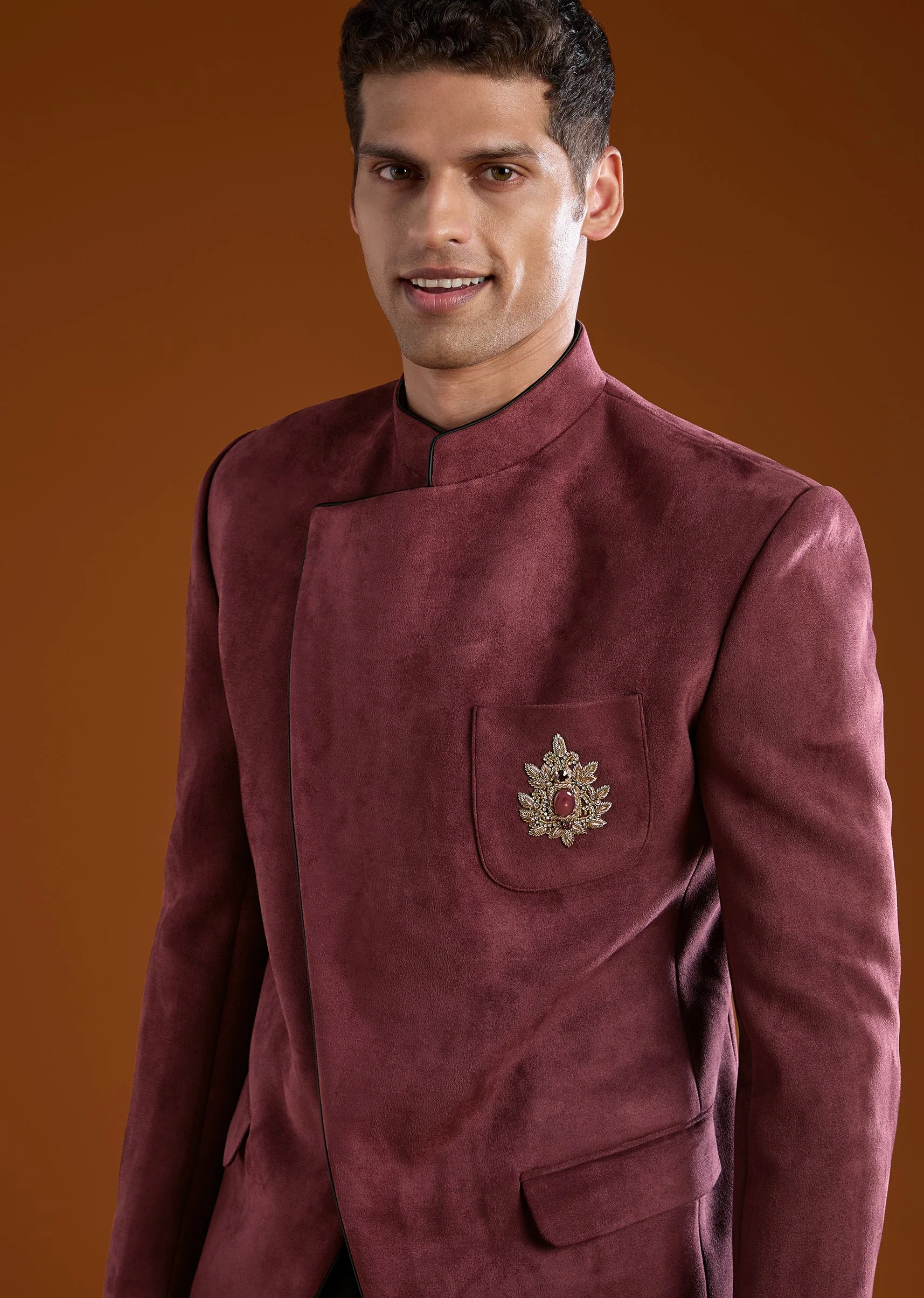 Red Zardozi Work Velvet Jodhpuri and Pant Set - Image 2