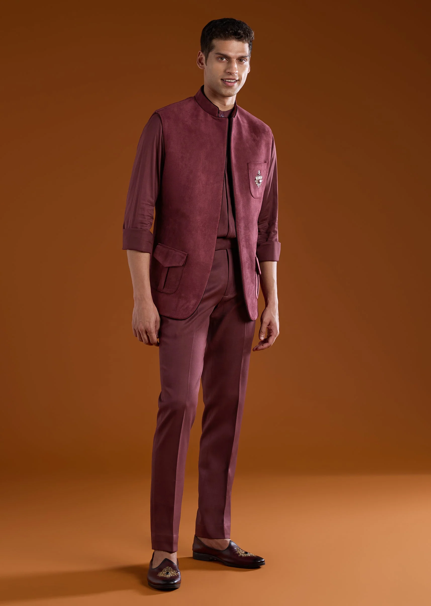 Red Zardozi Work Velvet Tuxedo and Pant Set