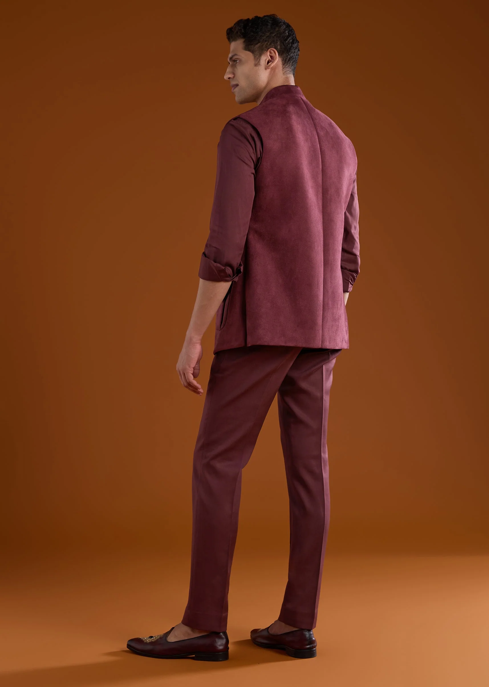 Red Zardozi Work Velvet Tuxedo and Pant Set - Image 5