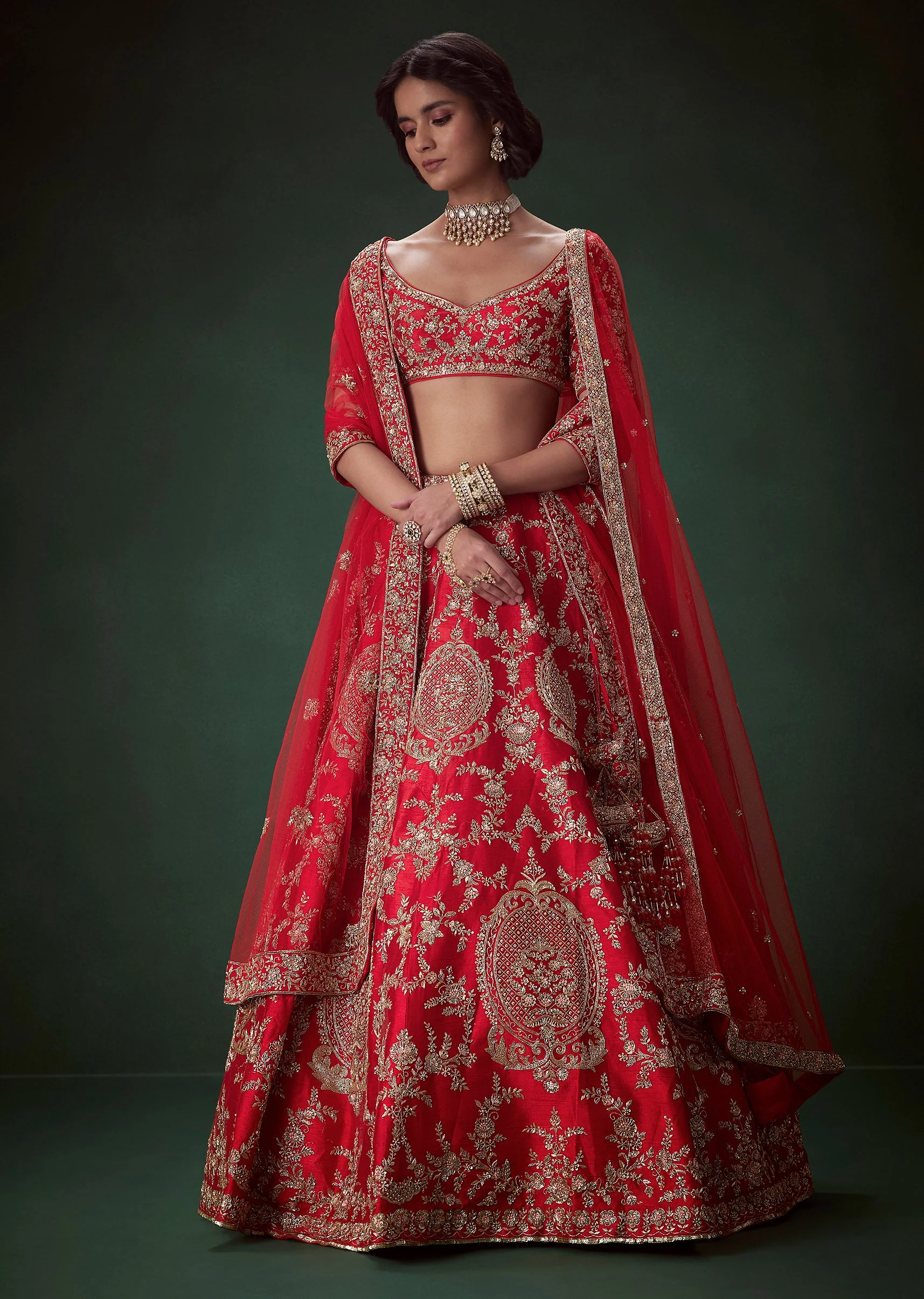 Red Zari Embellished Bridal Lehenga Set with Two Dupattas
