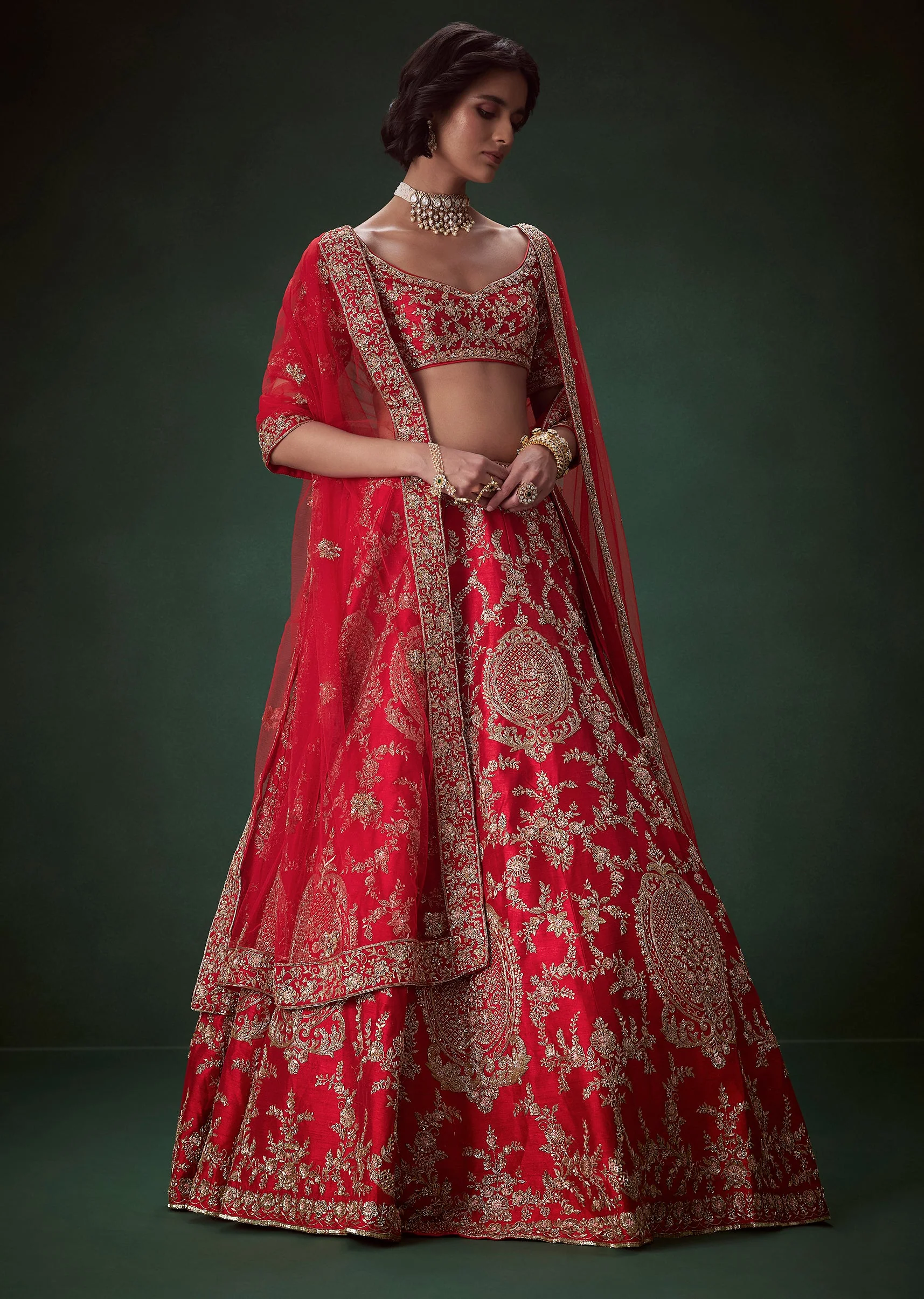 Red Zari Embellished Bridal Lehenga Set with Two Dupattas - Image 4