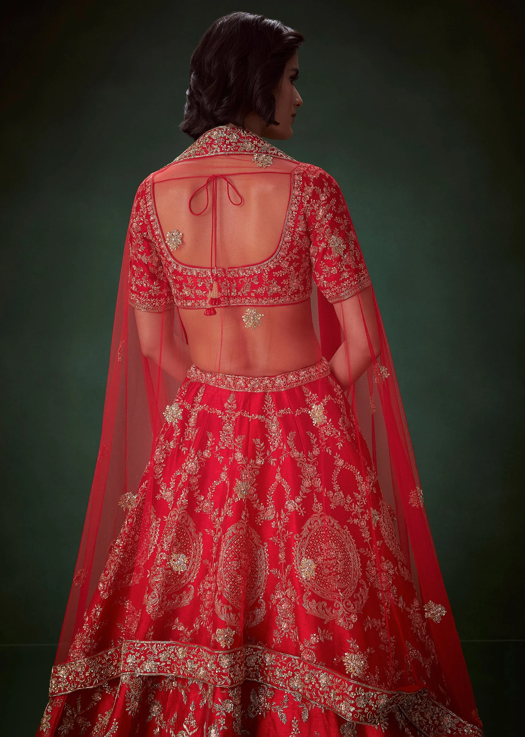 Red Zari Embellished Bridal Lehenga Set with Two Dupattas - Image 5