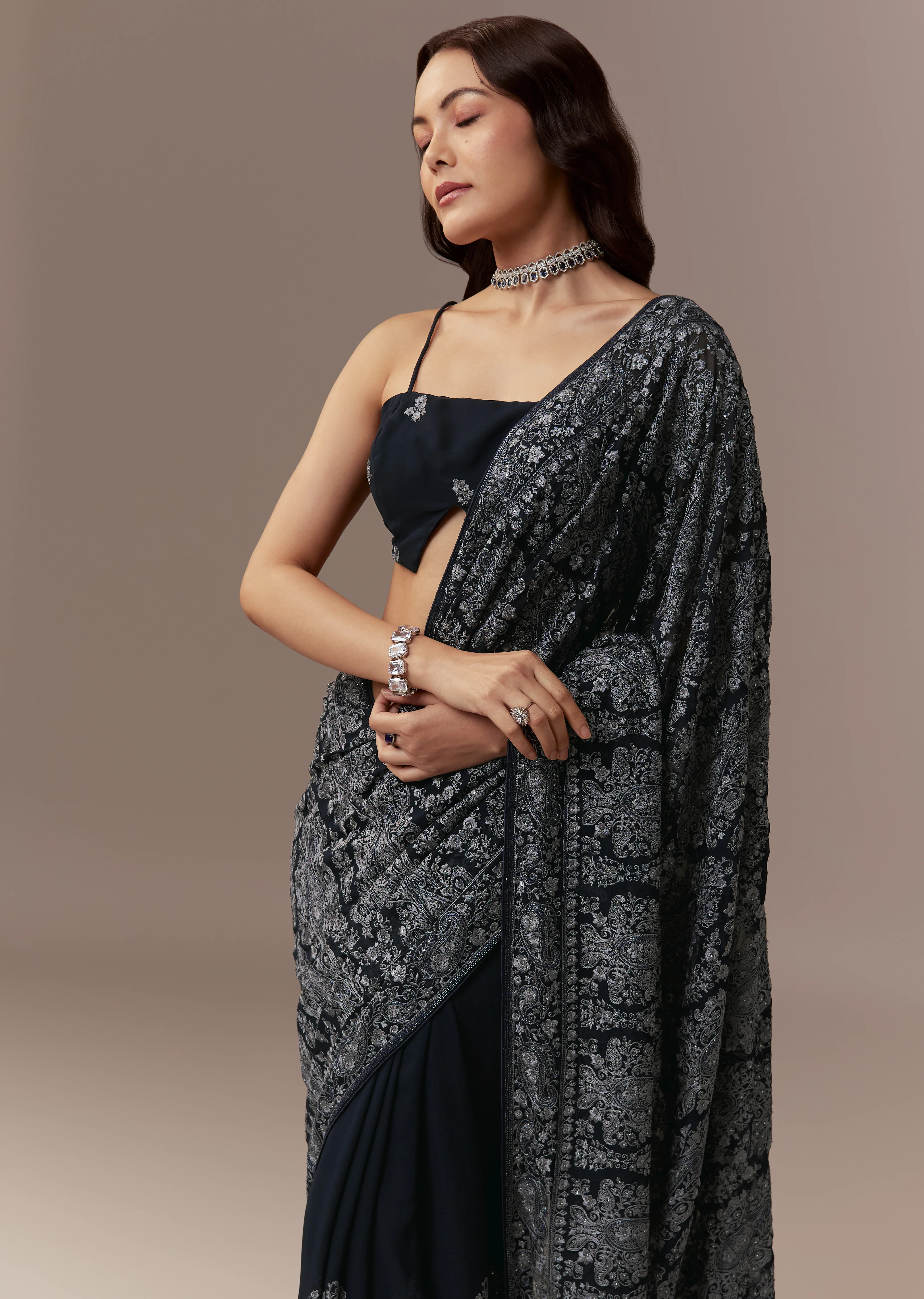 Refined Navy Harmony Couple Set – Navy Blue Georgette Saree with Resham Thread and Cutdana Embroidery for Her And Blue Linen Kurta Set with Resham Embroidery for Him - Image 4