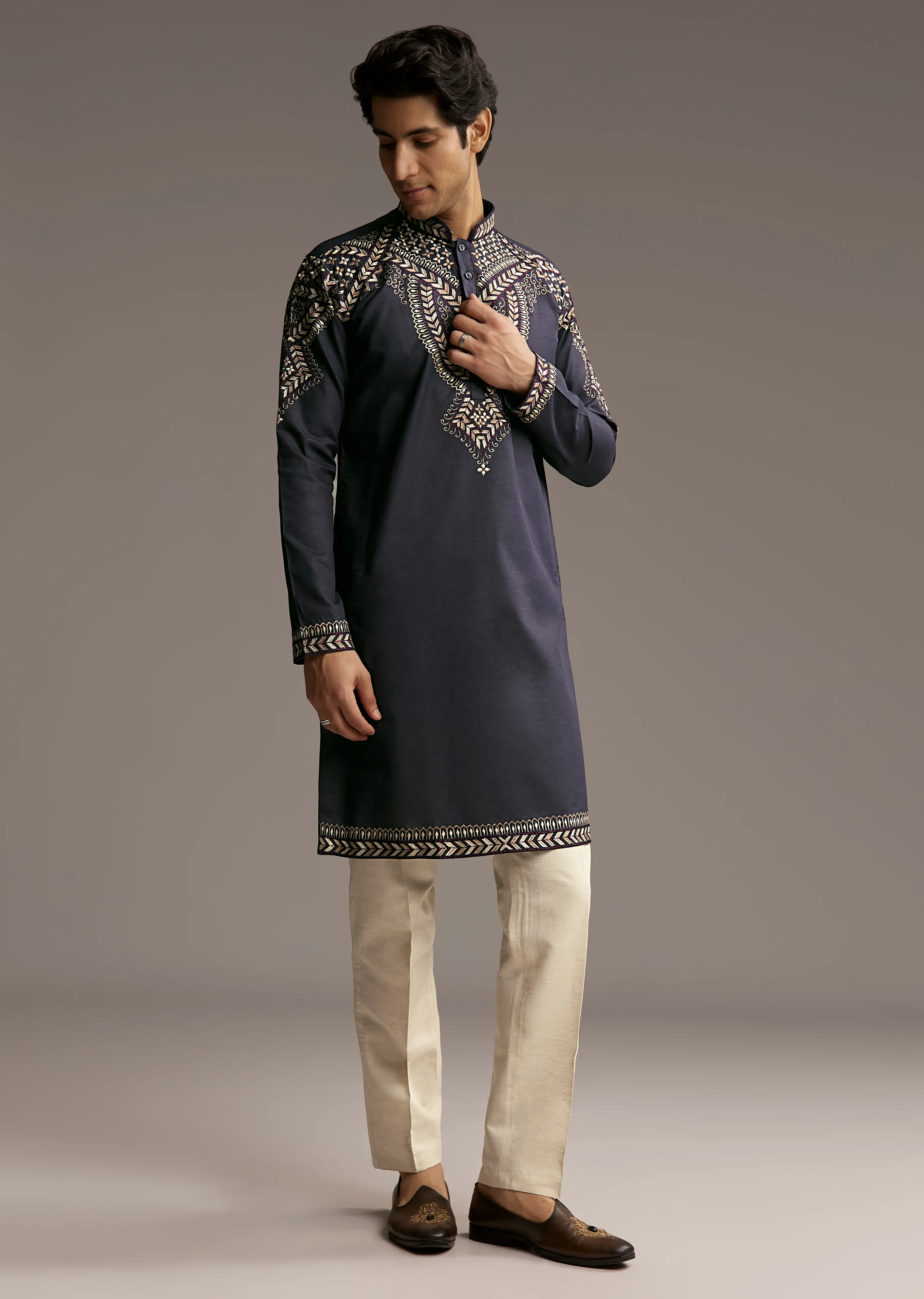 Refined Navy Harmony Couple Set – Navy Blue Georgette Saree with Resham Thread and Cutdana Embroidery for Her And Blue Linen Kurta Set with Resham Embroidery for Him - Image 9
