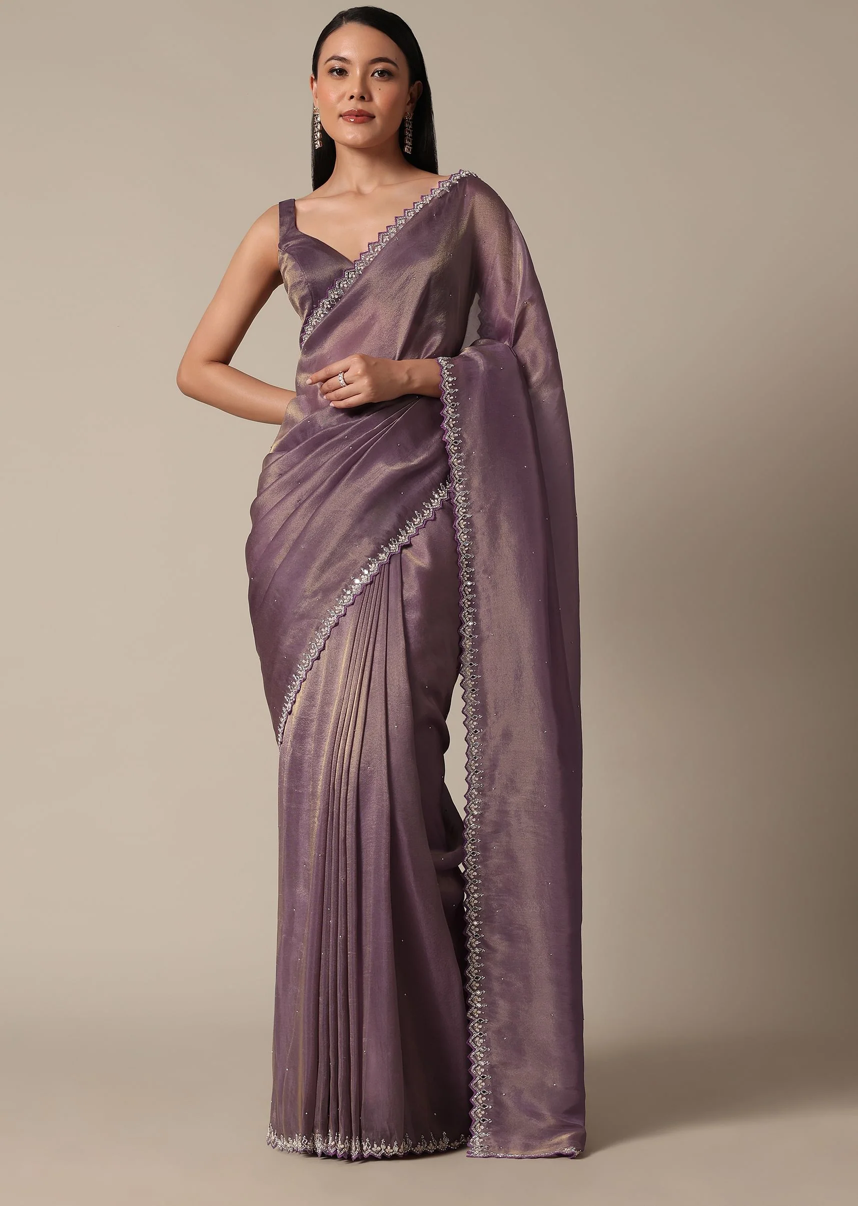 Regal Purple Saree With Mirror and Stone Scallop Border - Image 3