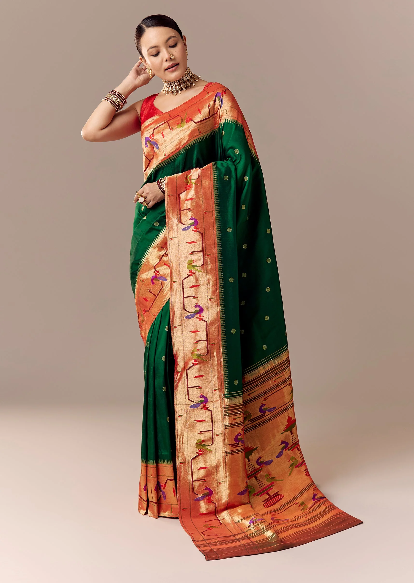 Reshami Green Paithani Saree with Peacock Motif Pallu - Image 3