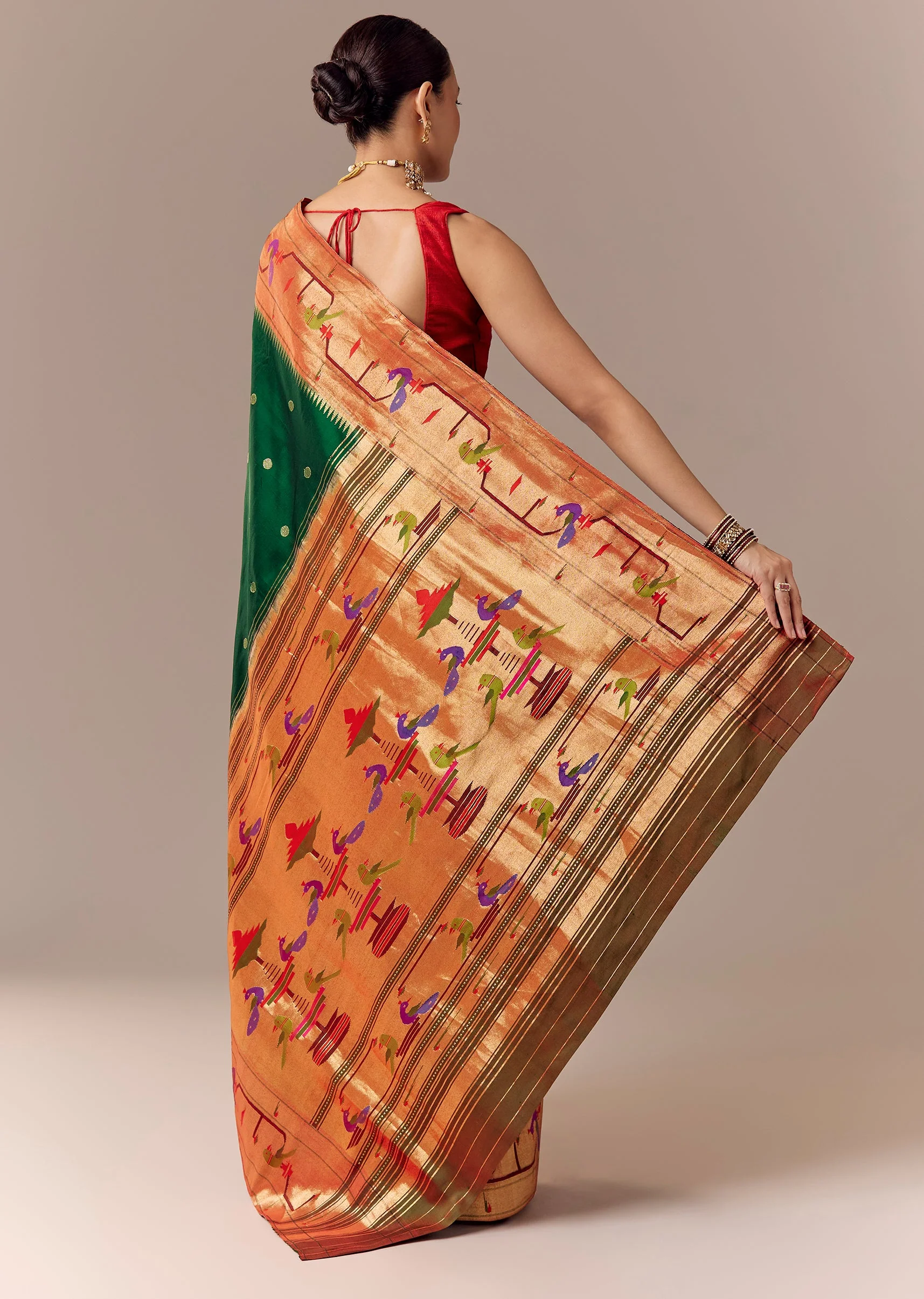 Reshami Green Paithani Saree with Peacock Motif Pallu - Image 4