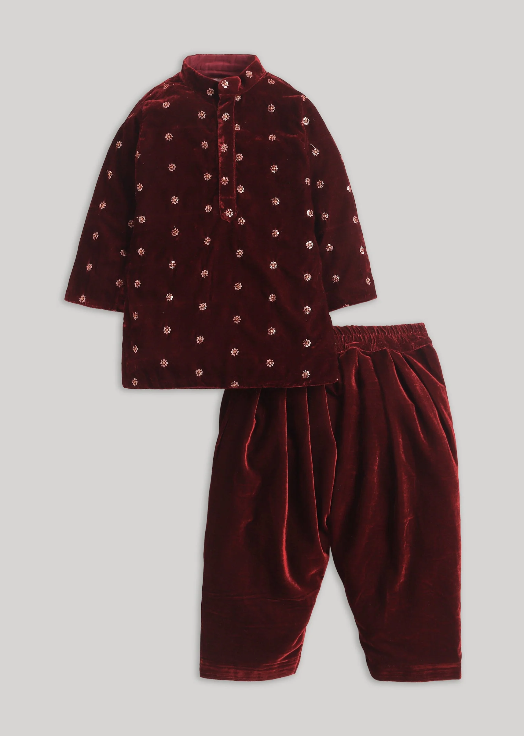 Rich Maroon Velvet Kurta Set With Zari Detailing