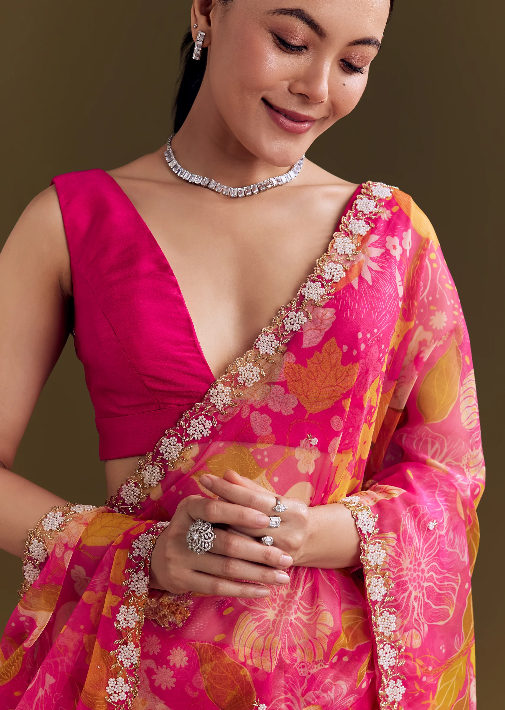 Romantic Festive Couple Set – Pink Organza Floral Saree With Embellished Border For Her And Pink Silk Kurta Set With Floral Motifs For Him - Image 2