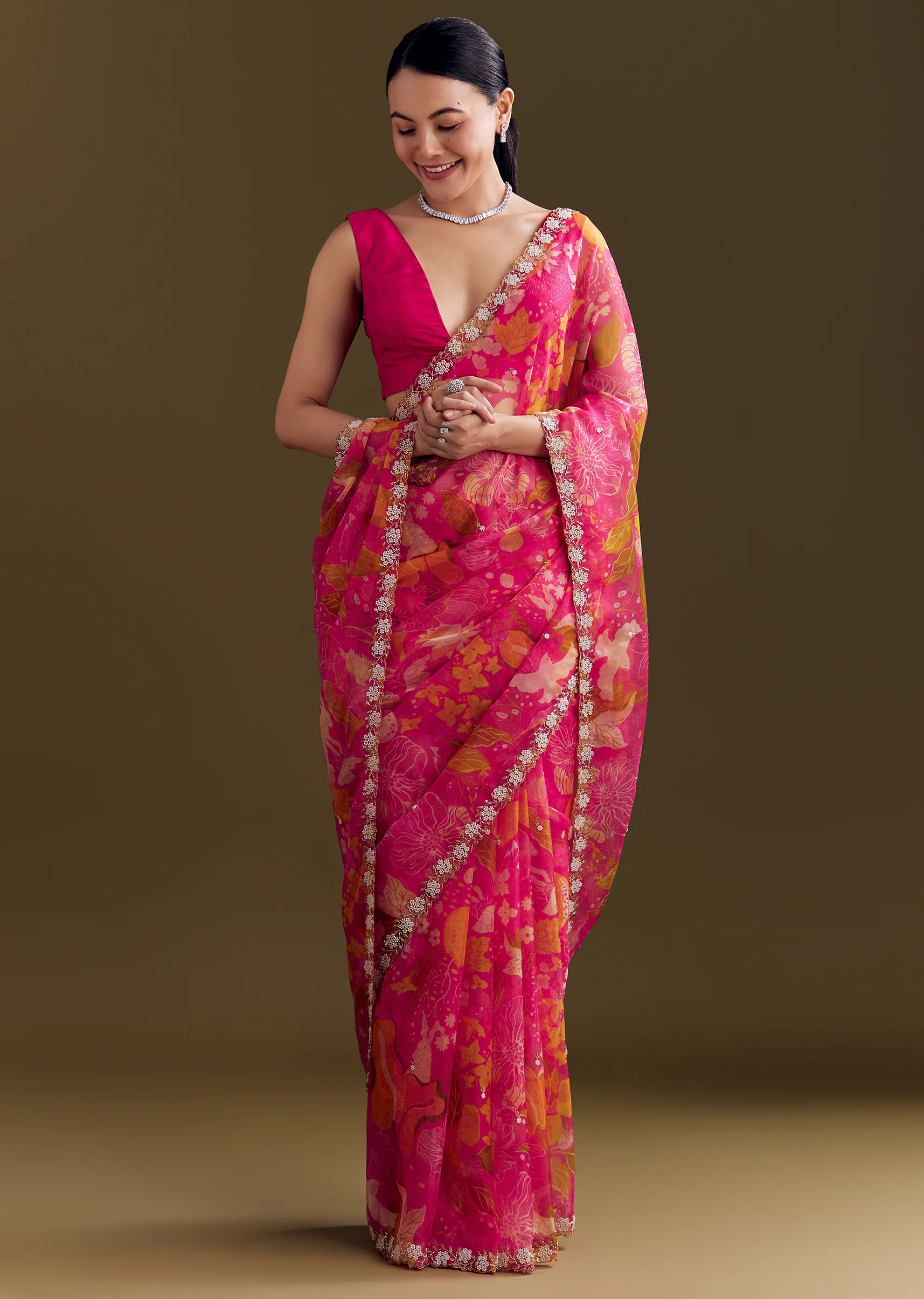 Romantic Festive Couple Set – Pink Organza Floral Saree With Embellished Border For Her And Pink Silk Kurta Set With Floral Motifs For Him - Image 3