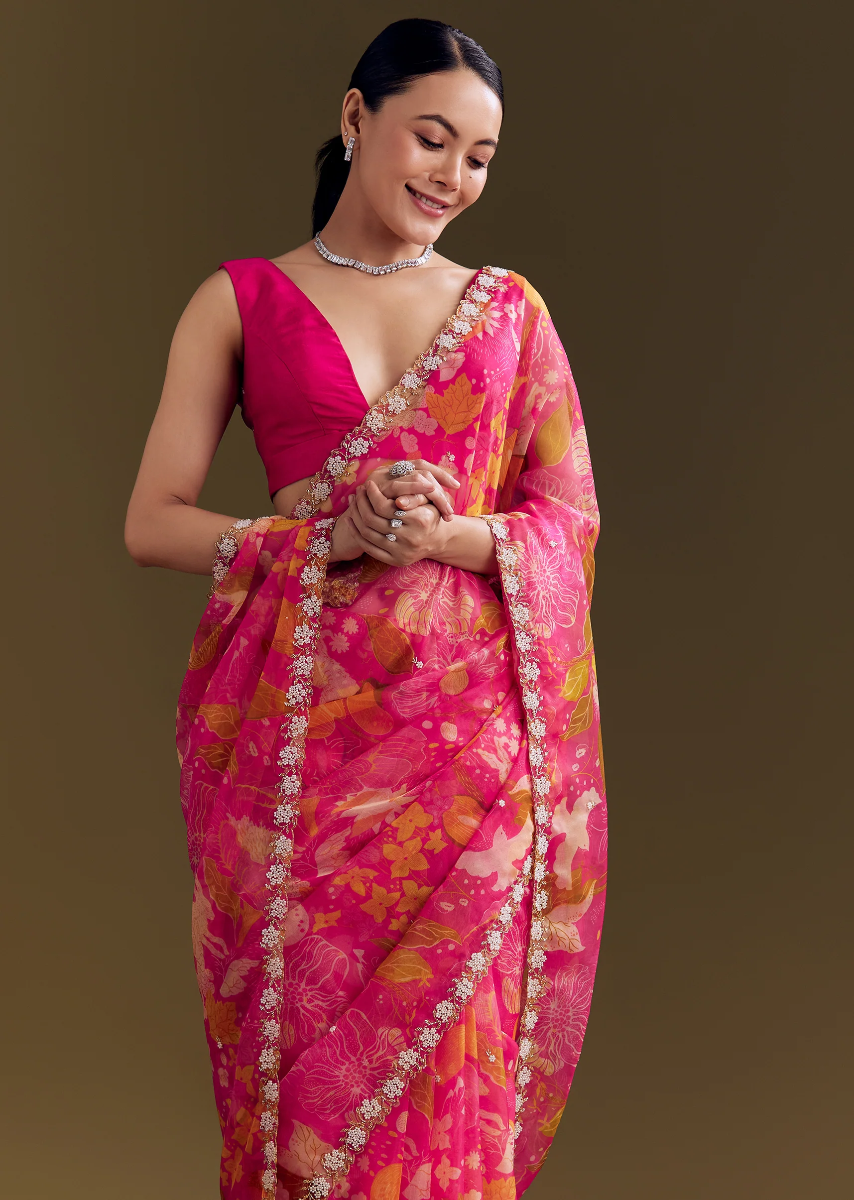 Romantic Festive Couple Set – Pink Organza Floral Saree With Embellished Border For Her And Pink Silk Kurta Set With Floral Motifs For Him - Image 4