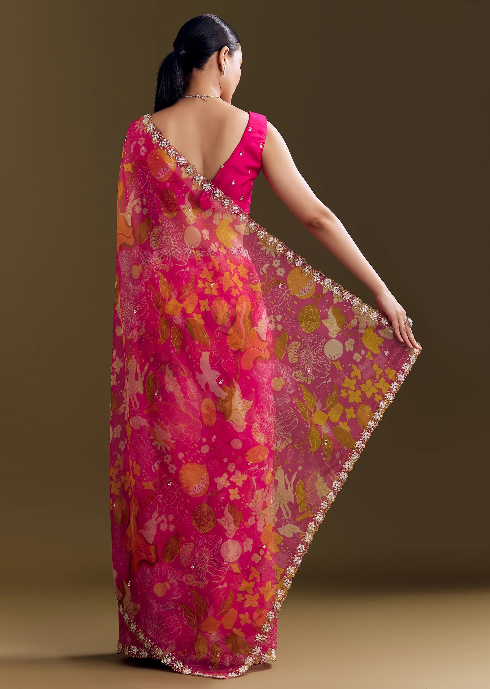 Romantic Festive Couple Set – Pink Organza Floral Saree With Embellished Border For Her And Pink Silk Kurta Set With Floral Motifs For Him - Image 5