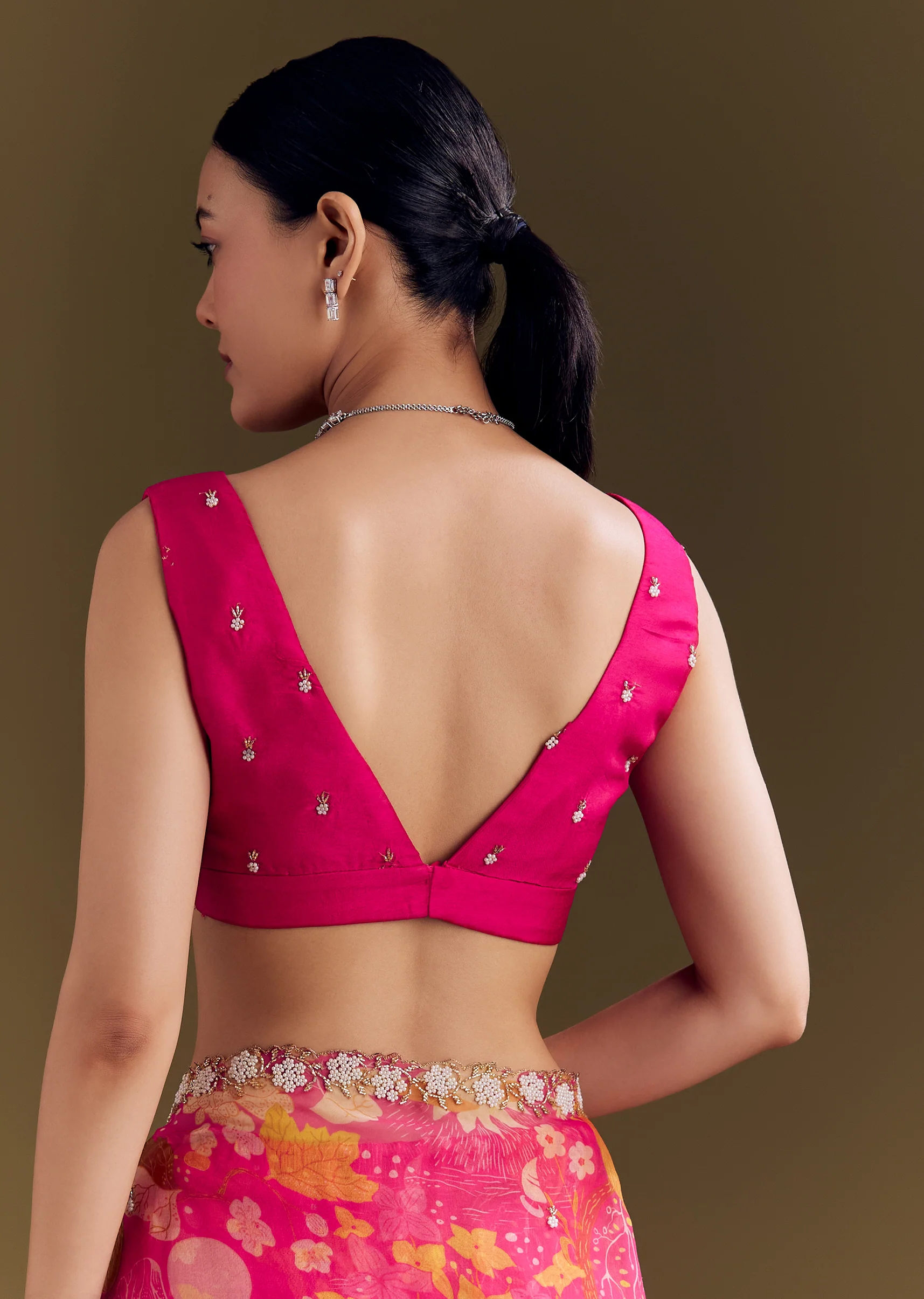 Romantic Festive Couple Set – Pink Organza Floral Saree With Embellished Border For Her And Pink Silk Kurta Set With Floral Motifs For Him - Image 7