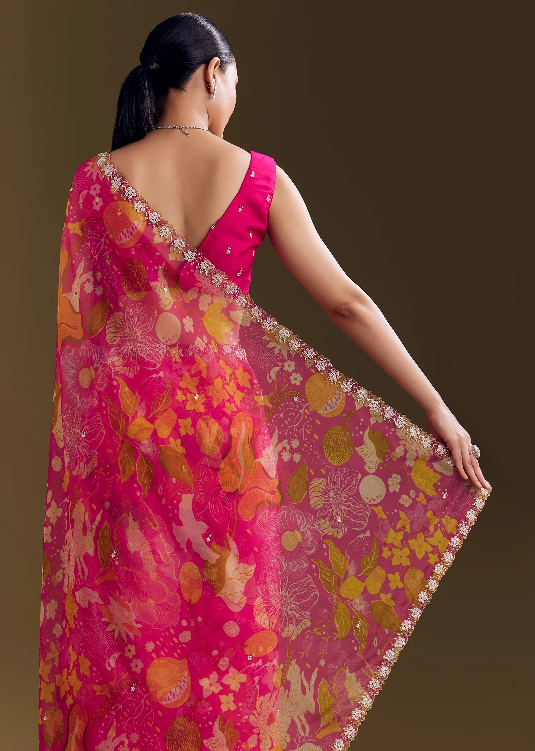 Romantic Festive Couple Set – Pink Organza Floral Saree With Embellished Border For Her And Pink Silk Kurta Set With Floral Motifs For Him - Image 8