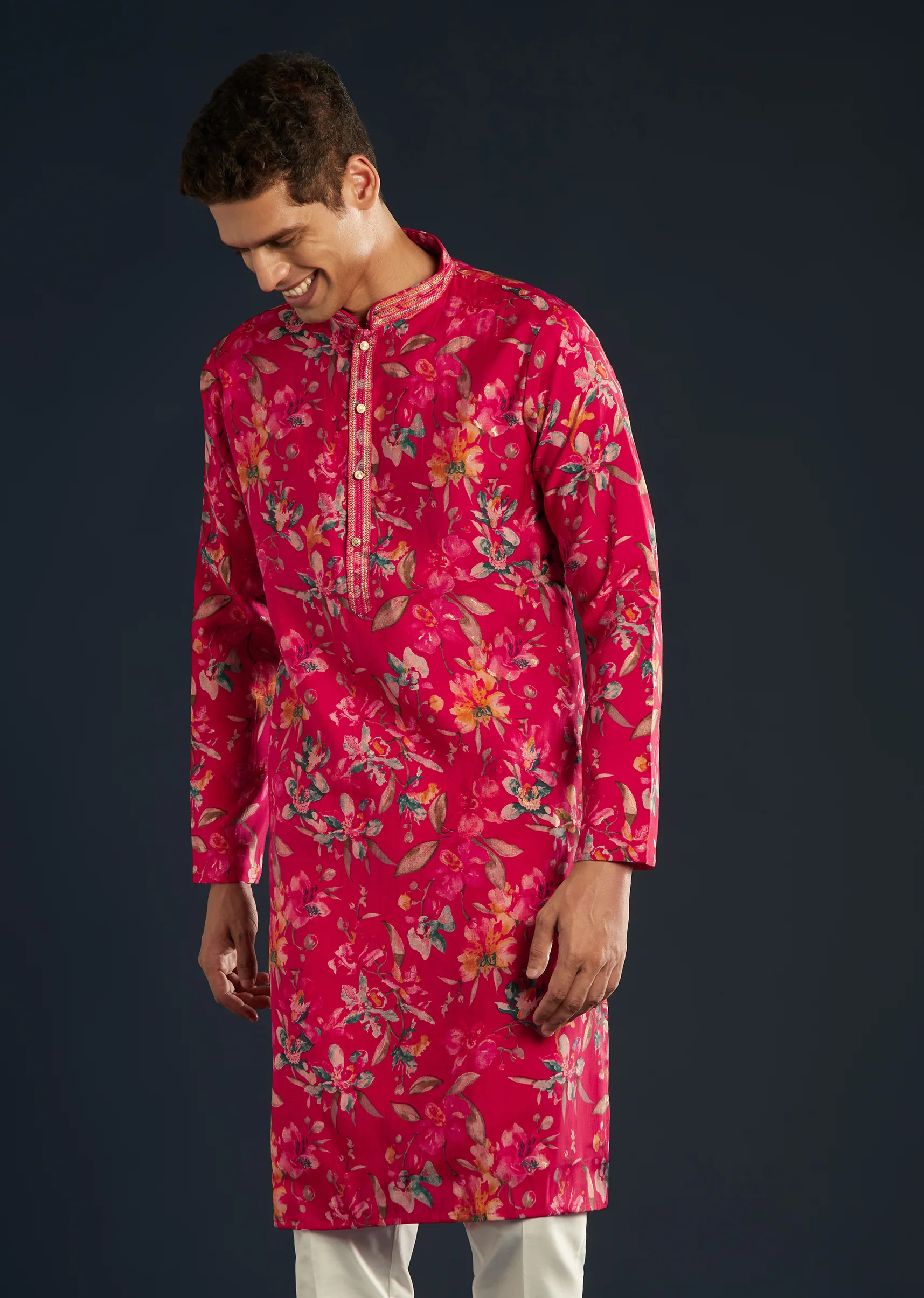 Romantic Festive Couple Set – Pink Organza Floral Saree With Embellished Border For Her And Pink Silk Kurta Set With Floral Motifs For Him - Image 9