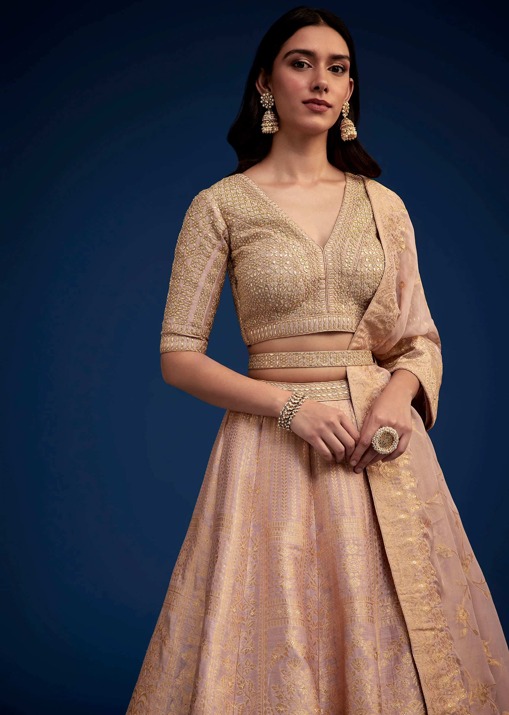 Rose Gold Brocade Lehenga Set With Belt - Image 2