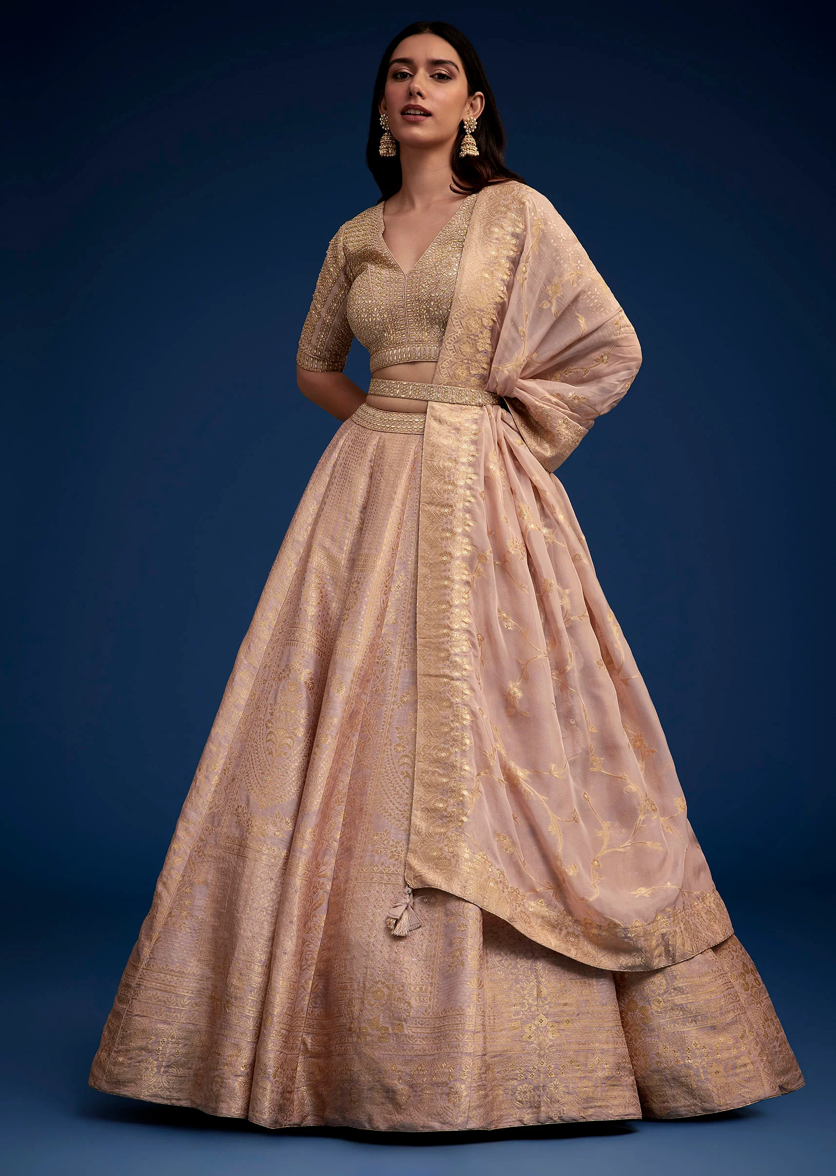 Rose Gold Brocade Lehenga Set With Belt - Image 3