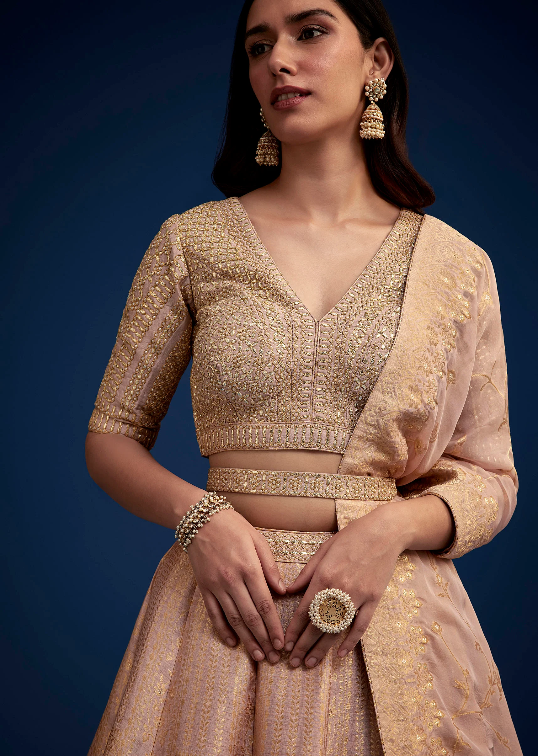 Rose Gold Brocade Lehenga Set With Belt - Image 4