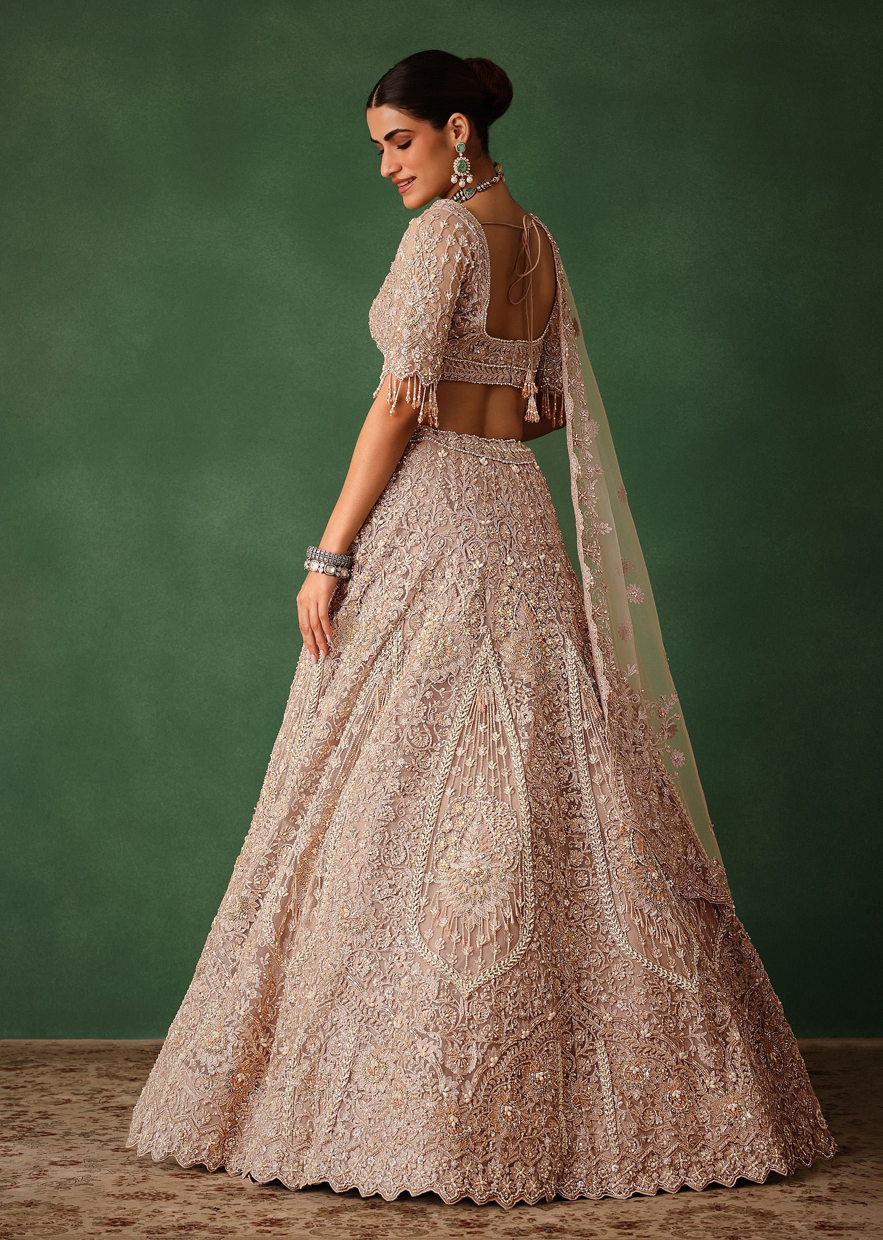 Rose Gold Hand Embroidered Lehenga Set With Dupatta - Image 6