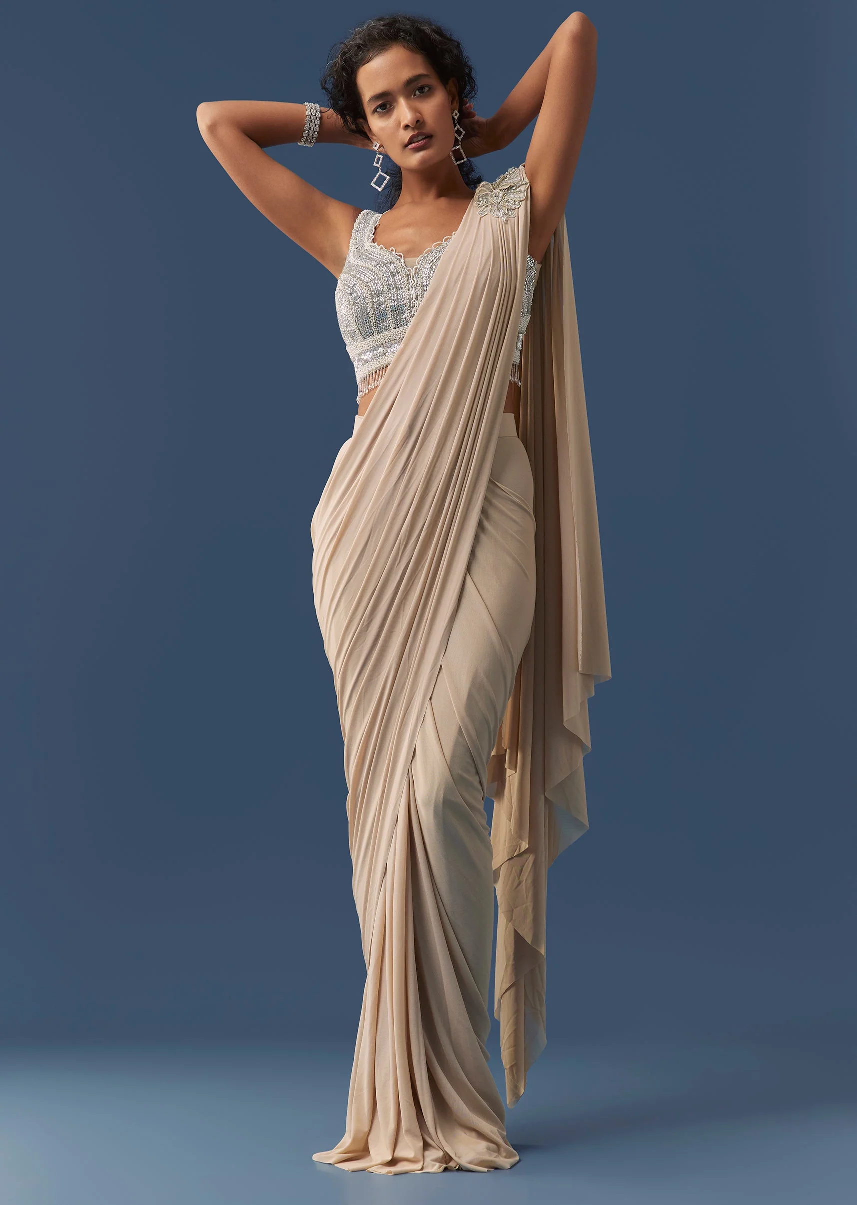 Rose Gold Pre-Draped Saree with Embellished Blouse - Image 3