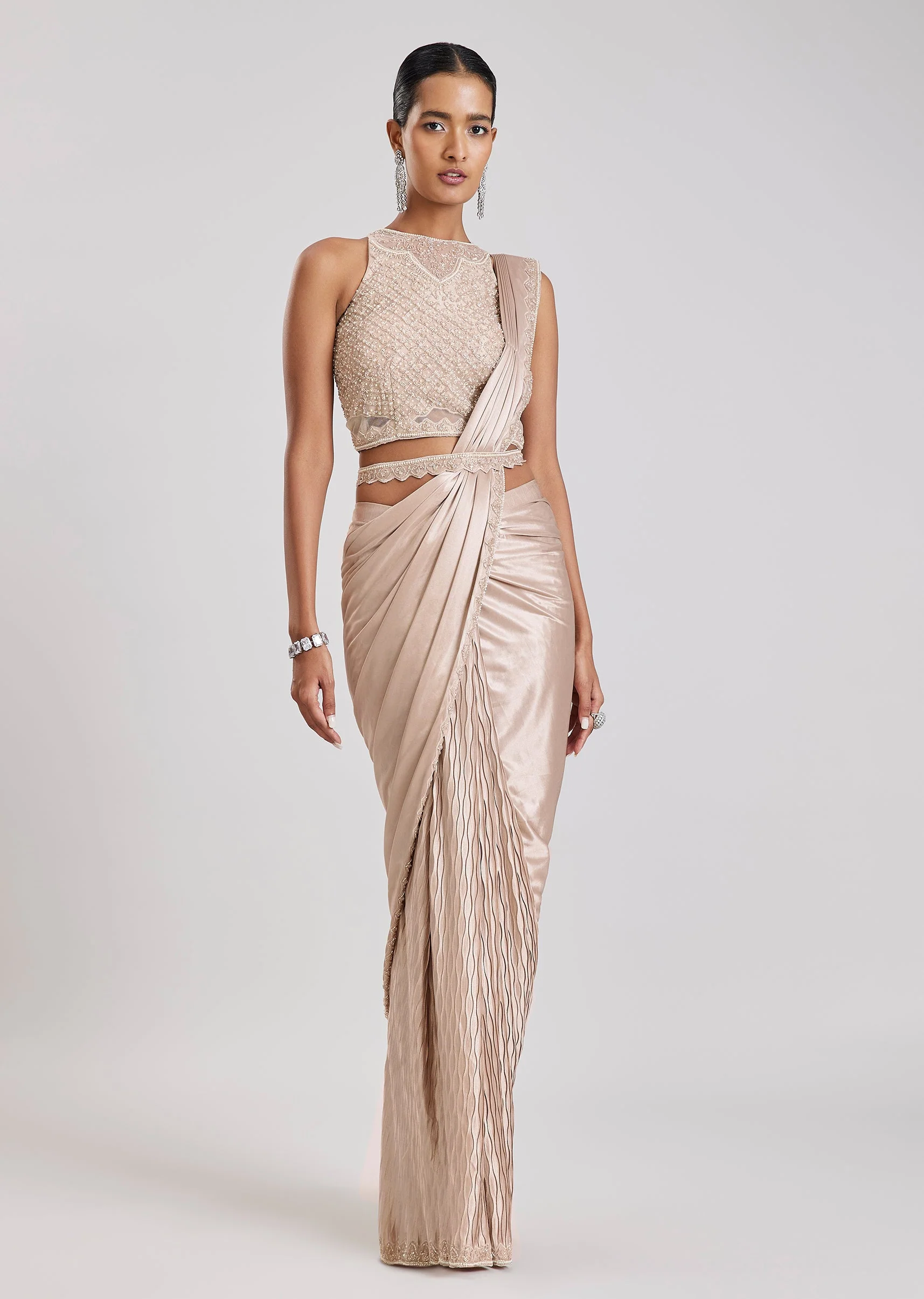 Rose Gold Ready Pleated Saree With Belt