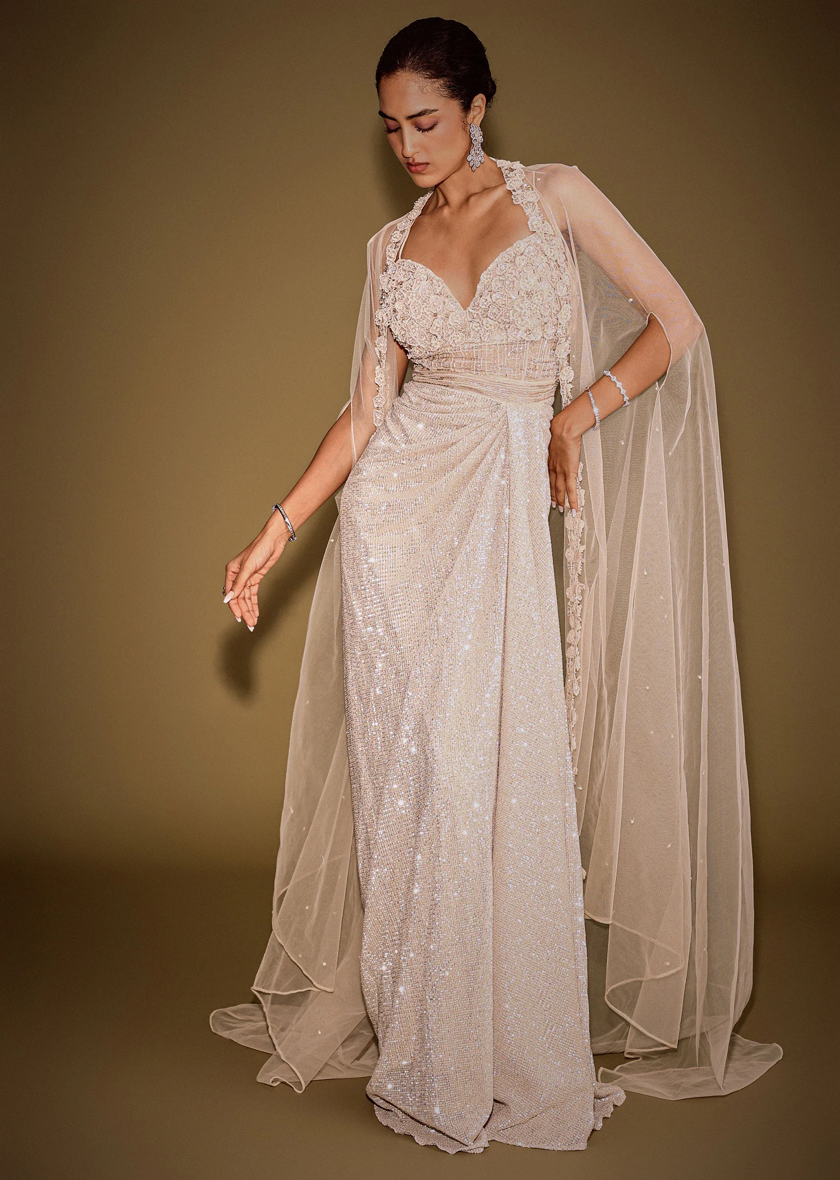 Rose Gold Shimmer Corset Gown With And Embellished Cape - Image 2
