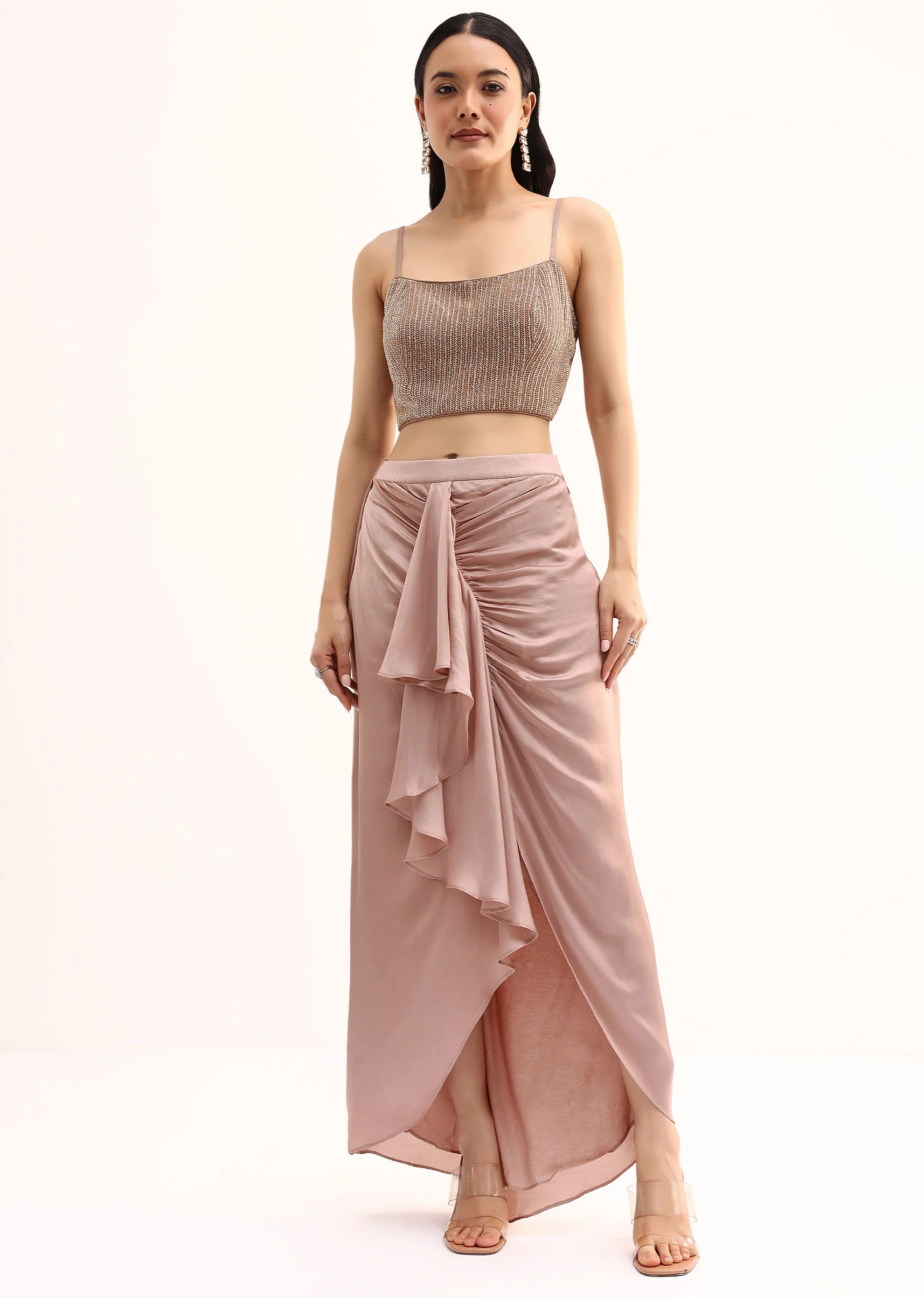 Rose Gold Stone Embroidered Silk Crop Top Set With Jacket - Image 6
