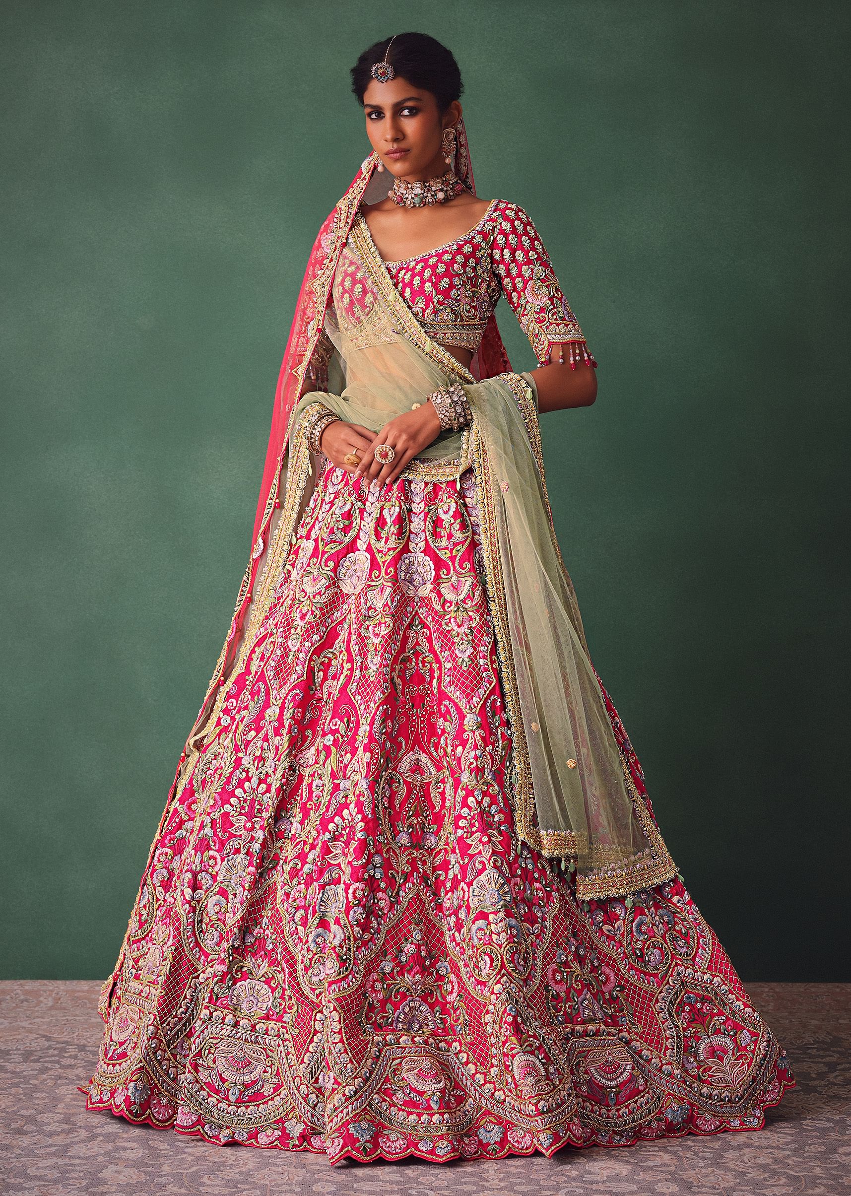 Rose Pink Bridal Lehenga With Scoop Neckline Blouse And Hand Work Dupatta - Image 3