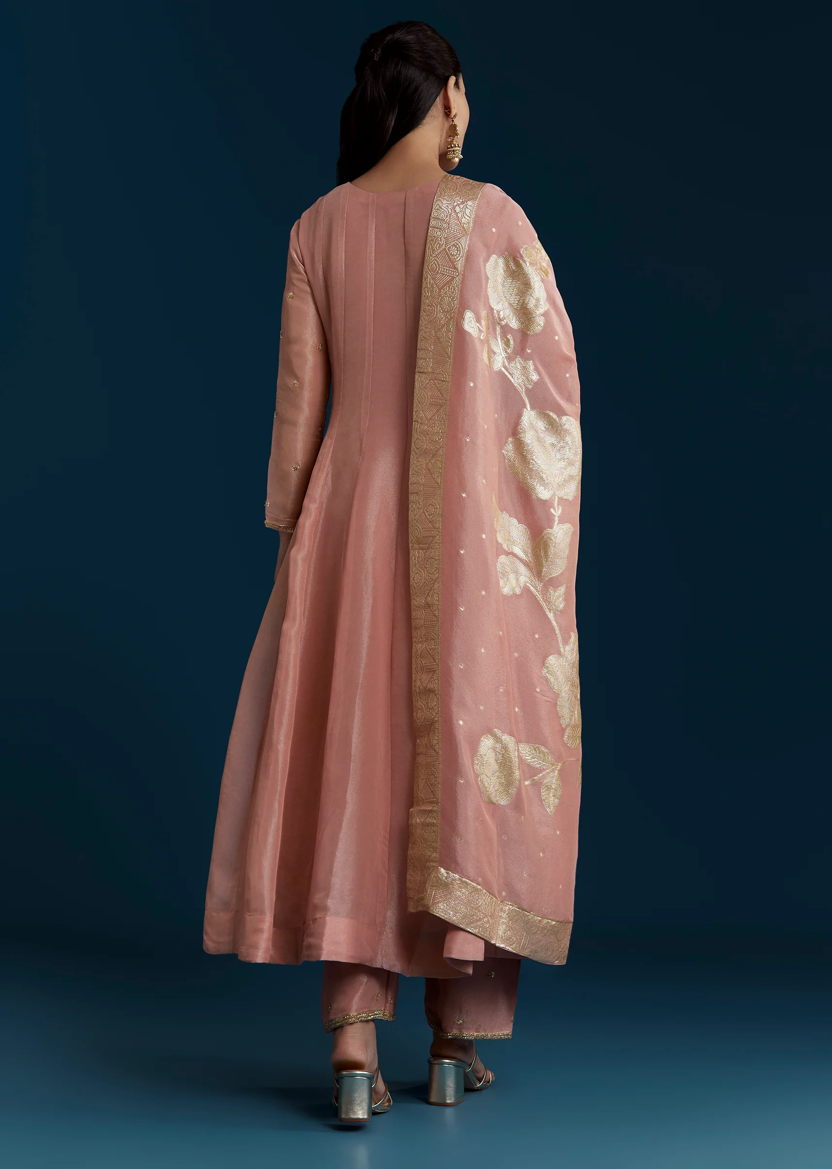 Rose Pink Grand Pairing – Tissue Anarkali With Zardozi Work For Her And Onion Pink Resham Embroidered Linen Kurta For Him - Image 4
