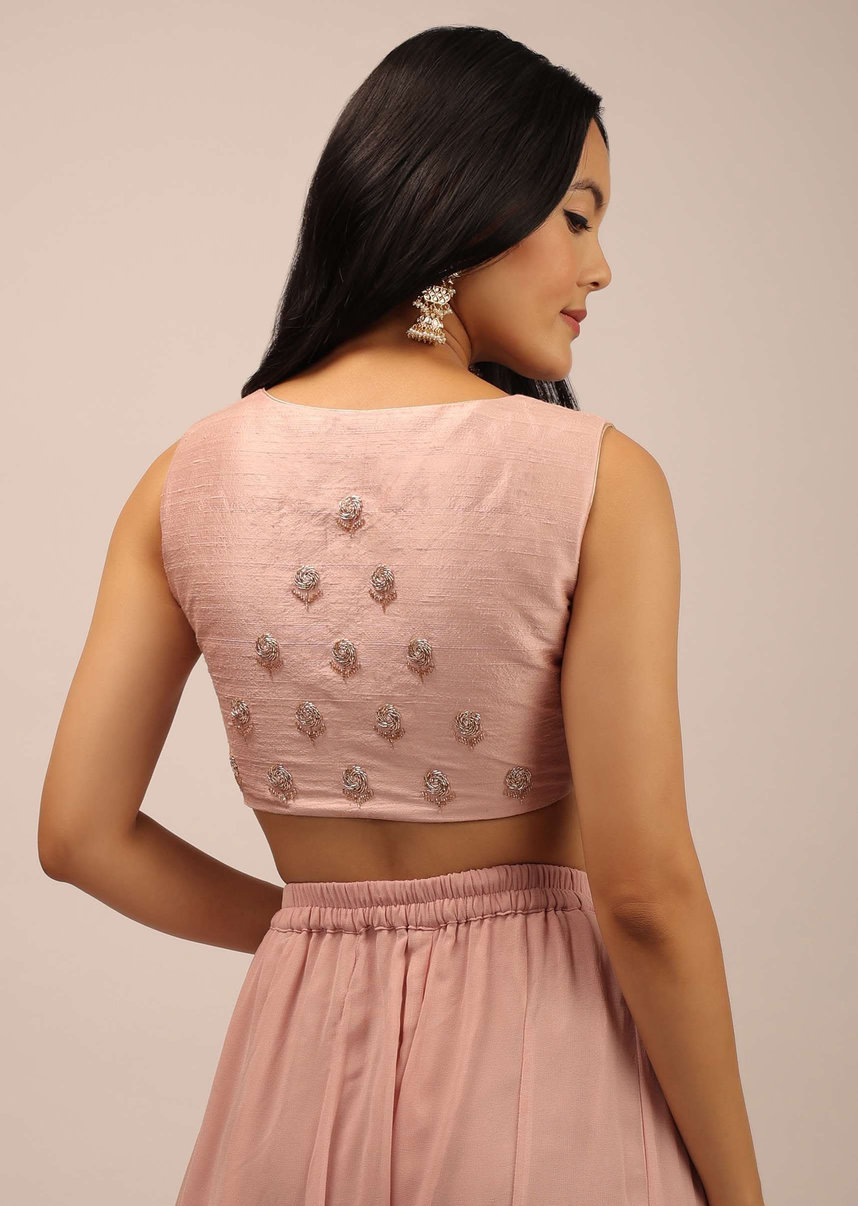 Rose Pink Padded Blouse With Overlapping Design Adorned In zardosi Work In Floral Pattern - Image 2