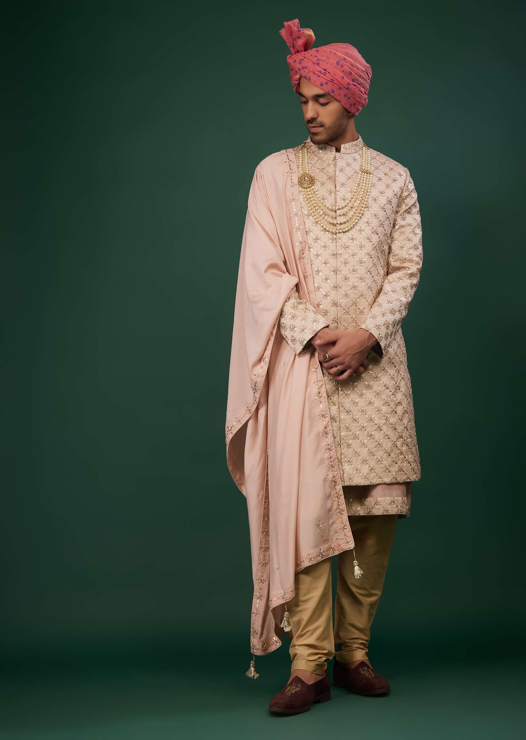 Powder Pink Raw Silk Sherwani Set With Embroidery - Image 3