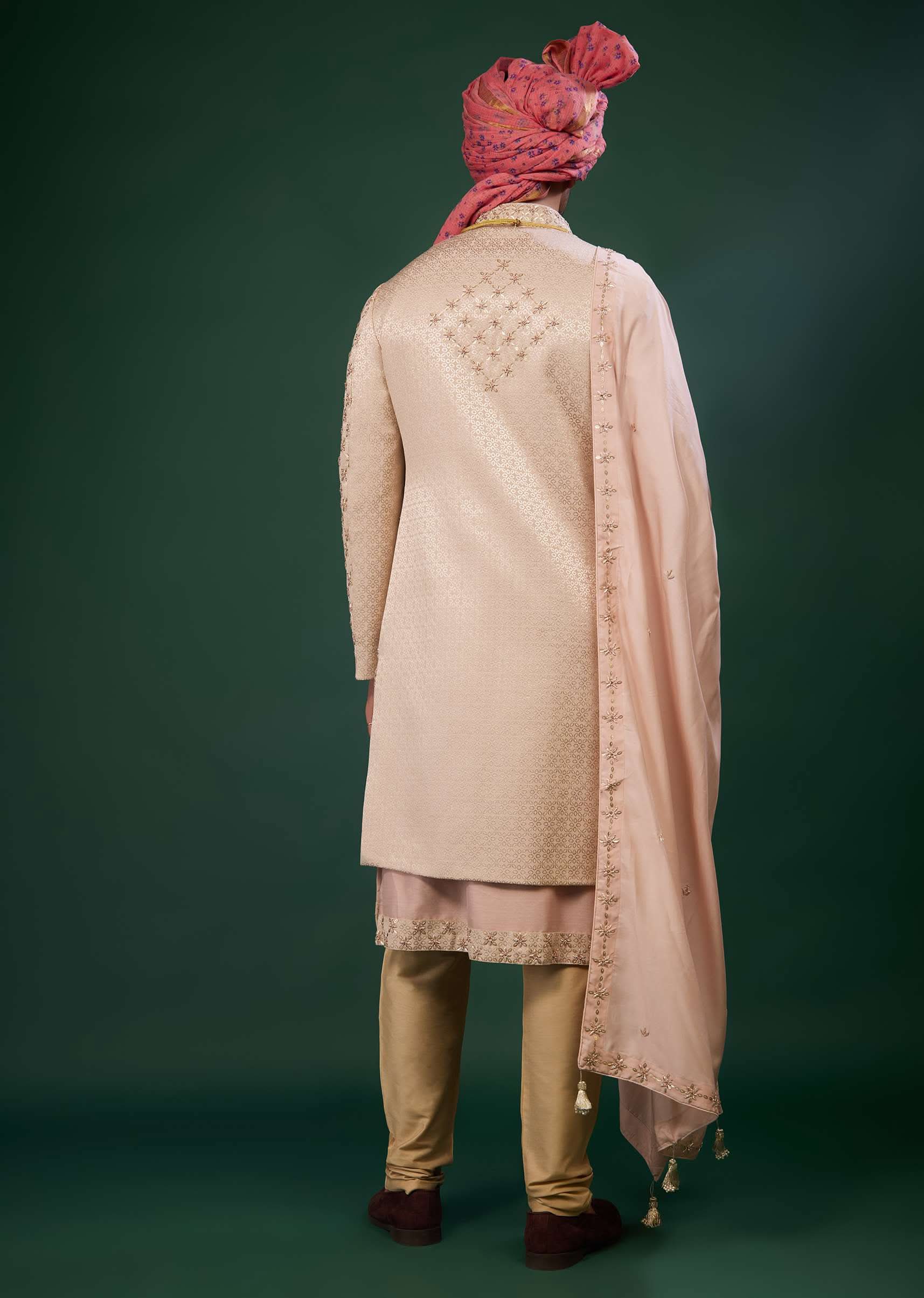 Powder Pink Raw Silk Sherwani Set With Embroidery - Image 5