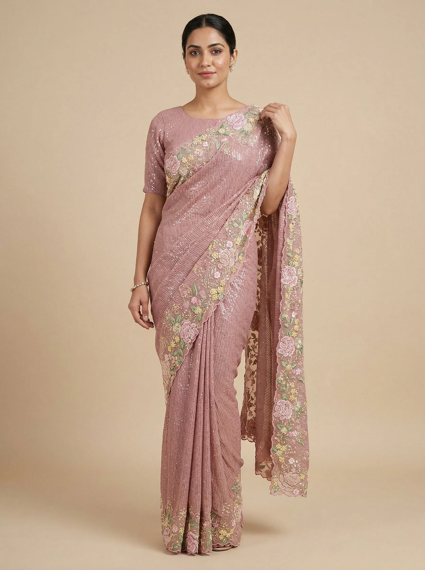 Rosy Pink Embroidered Saree