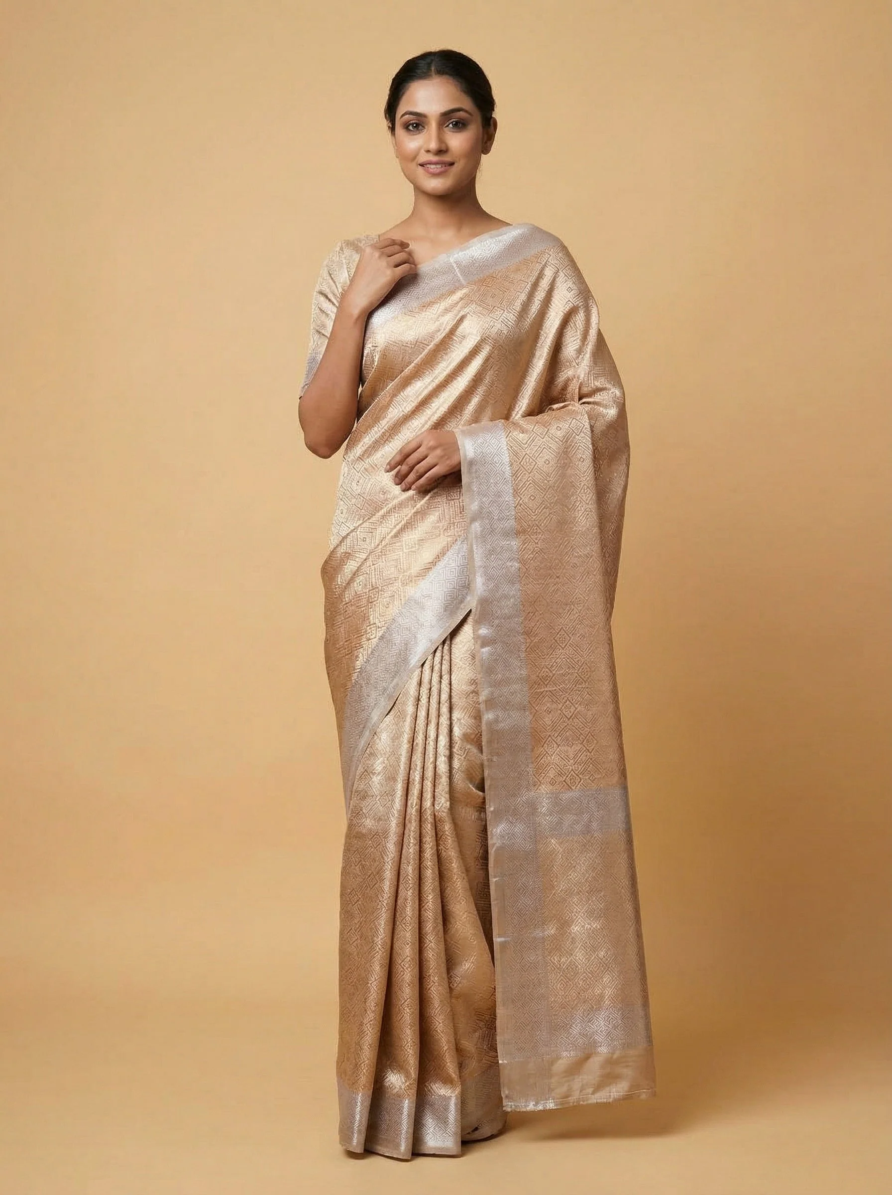 Rosy Rose Gold Beige Handloom Saree