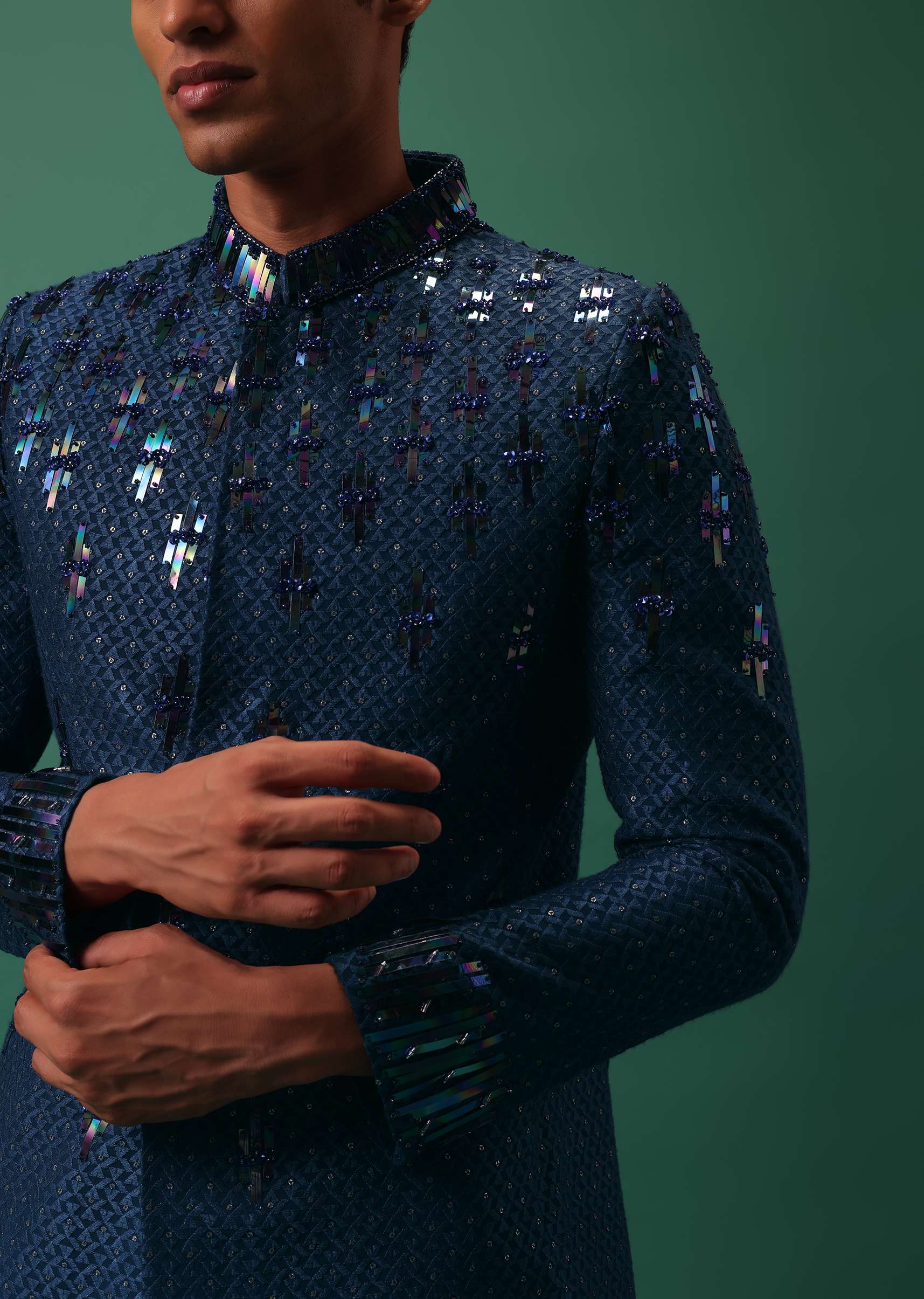 Royal Blue Bandhgala Jacket Set With Hand Embroidery - Image 3