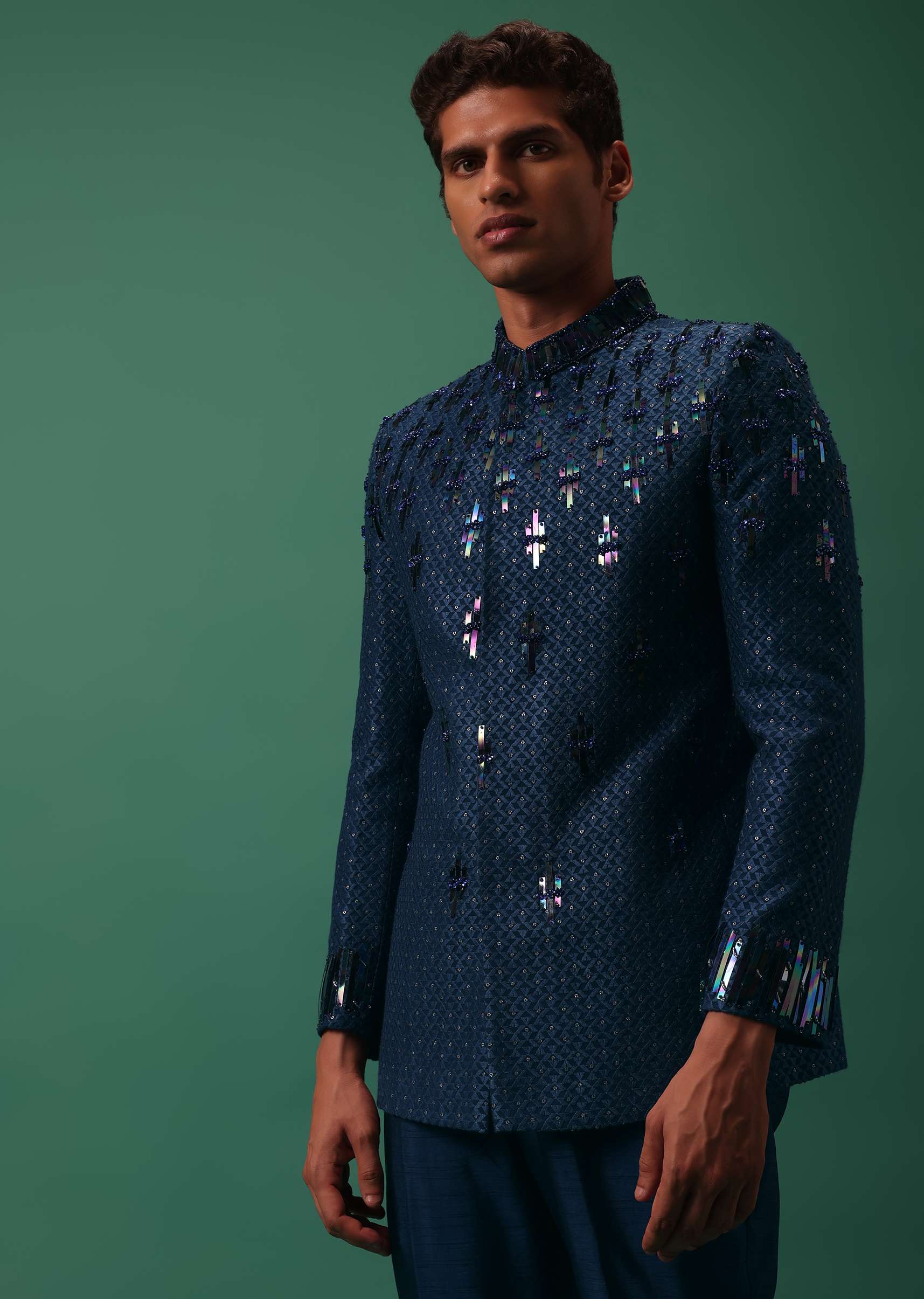 Royal Blue Bandhgala Jacket Set With Hand Embroidery - Image 4