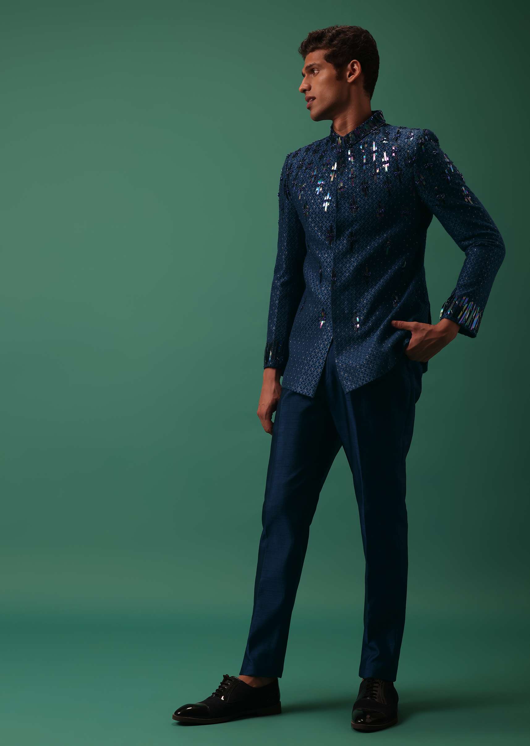 Royal Blue Bandhgala Jacket Set With Hand Embroidery - Image 6