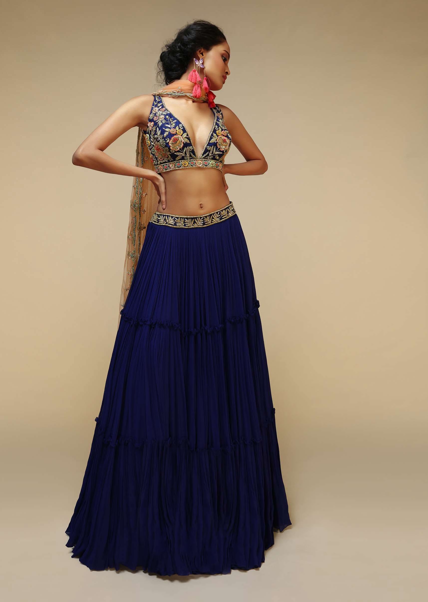 Royal Blue Lehenga Choli With Plunging Neckline And Hand Embroidered Using Multi Colored Beads And Resham - Image 3