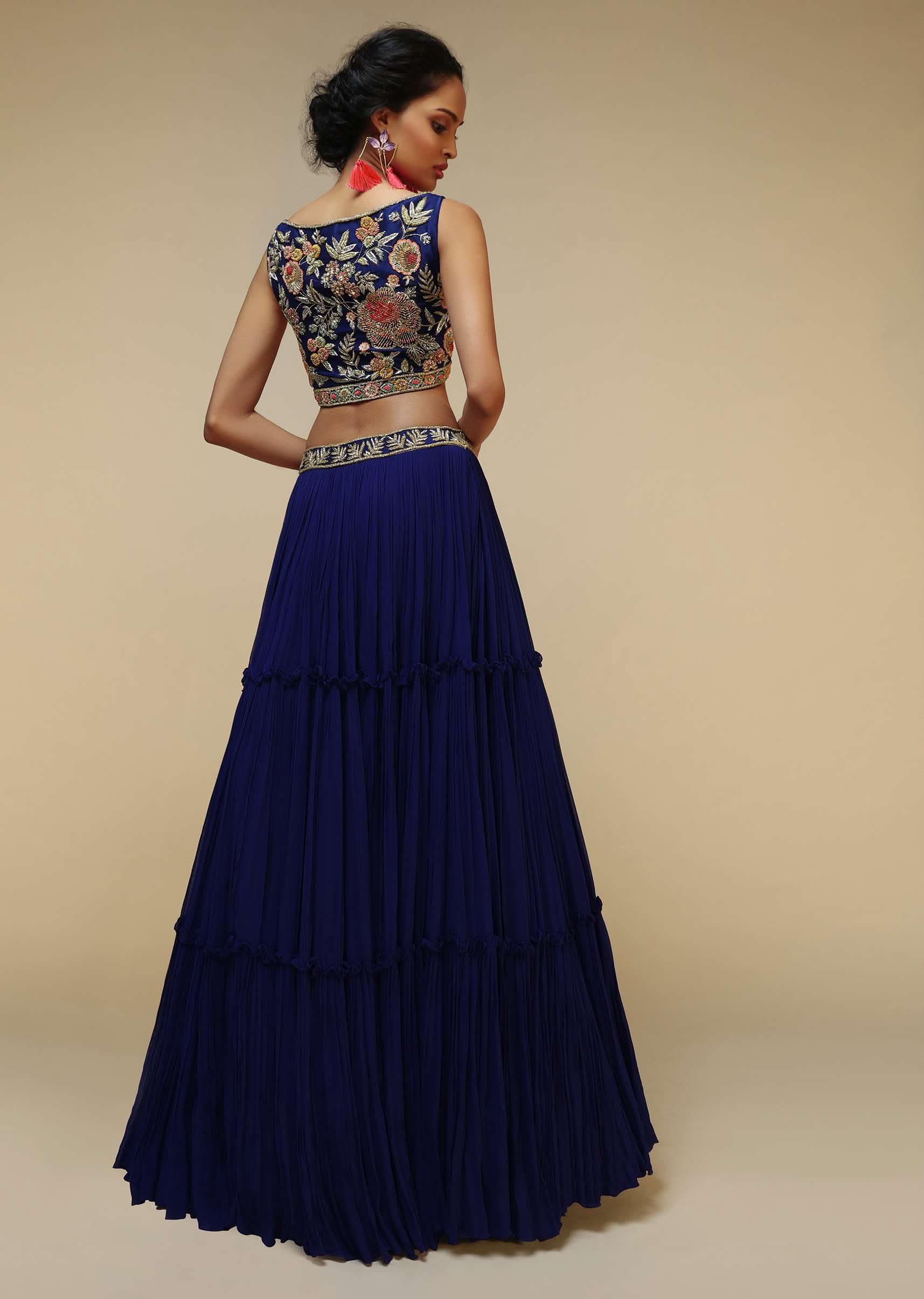 Royal Blue Lehenga Choli With Plunging Neckline And Hand Embroidered Using Multi Colored Beads And Resham - Image 4