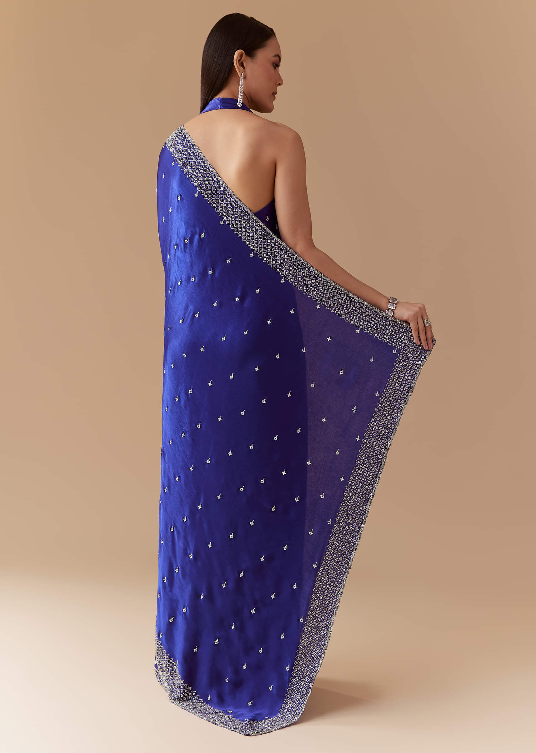 Royal Blue Mirror Embellished Saree with Unstitched Blouse - Image 4