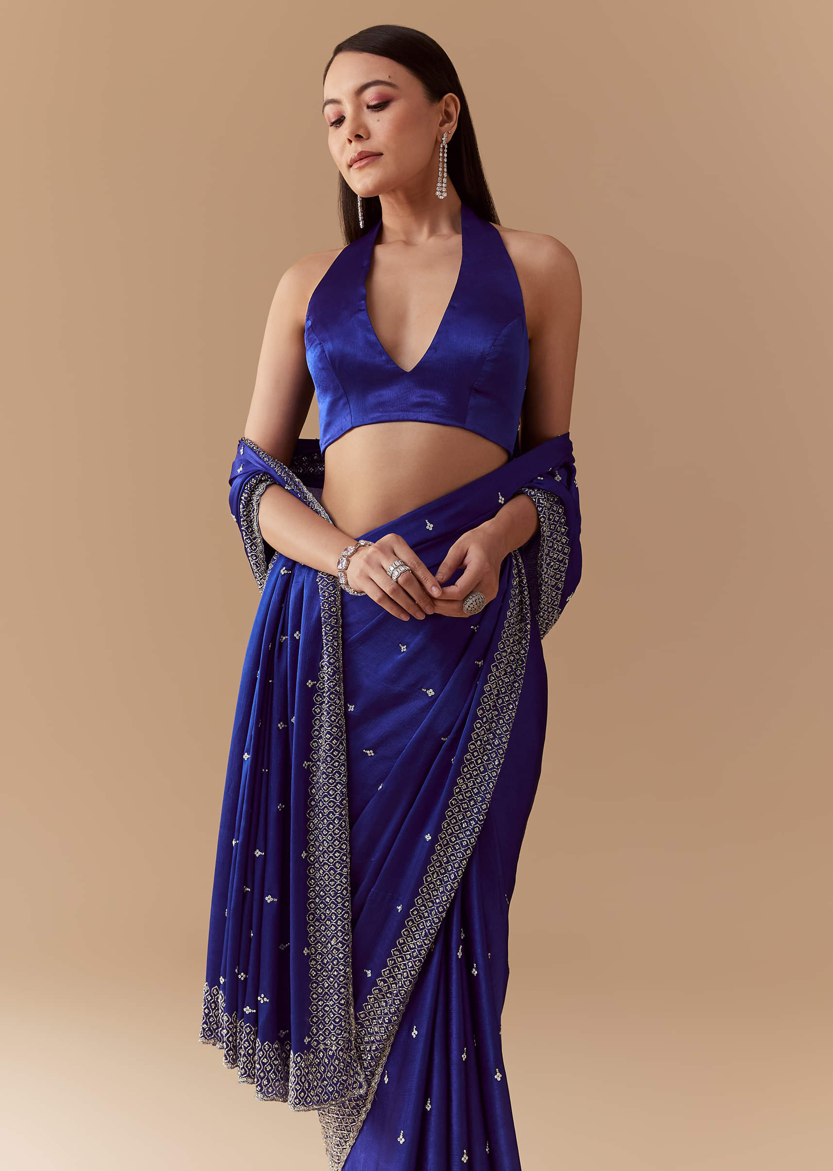 Royal Blue Mirror Embellished Saree with Unstitched Blouse - Image 5