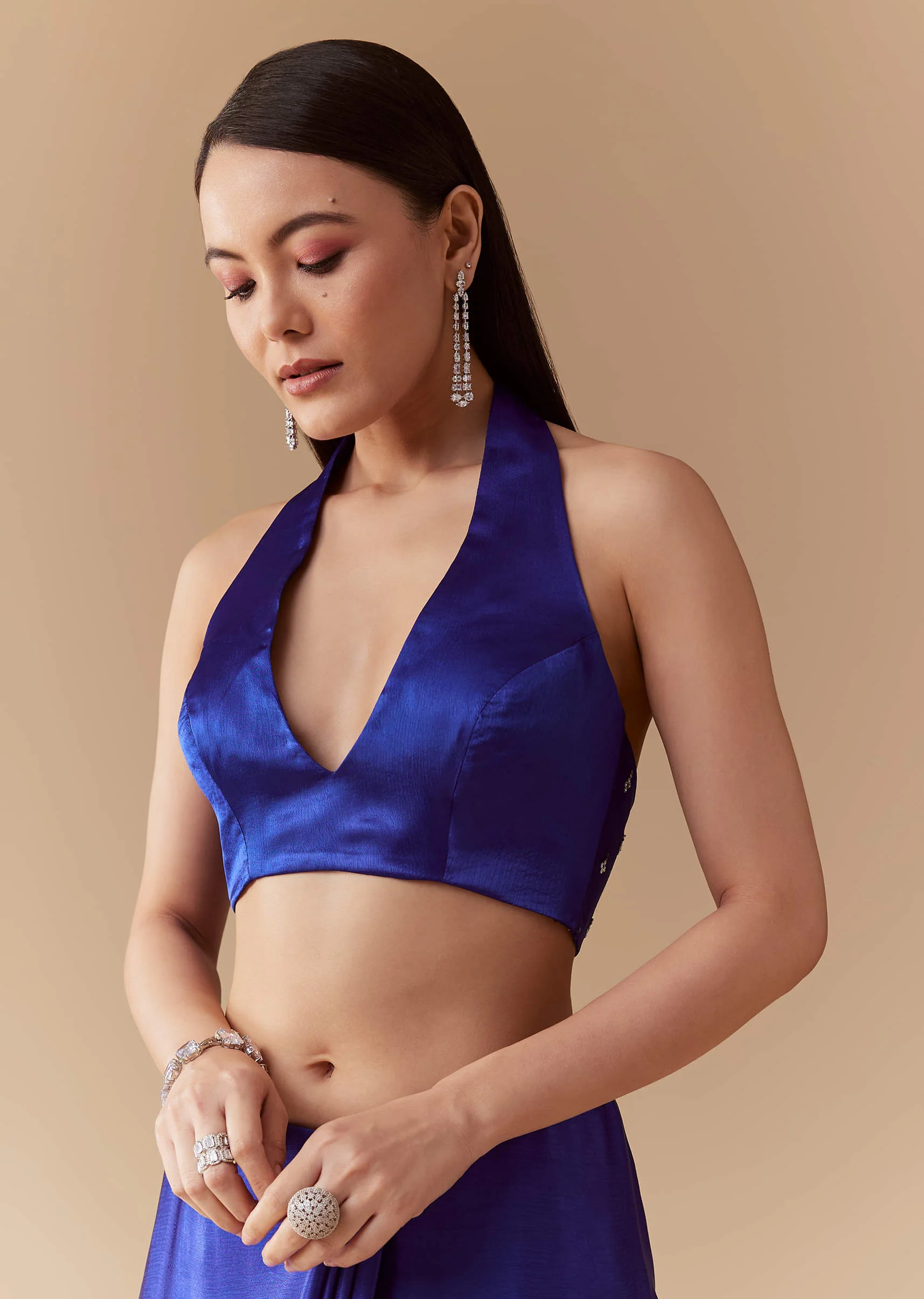 Royal Blue Mirror Embellished Saree with Unstitched Blouse - Image 7